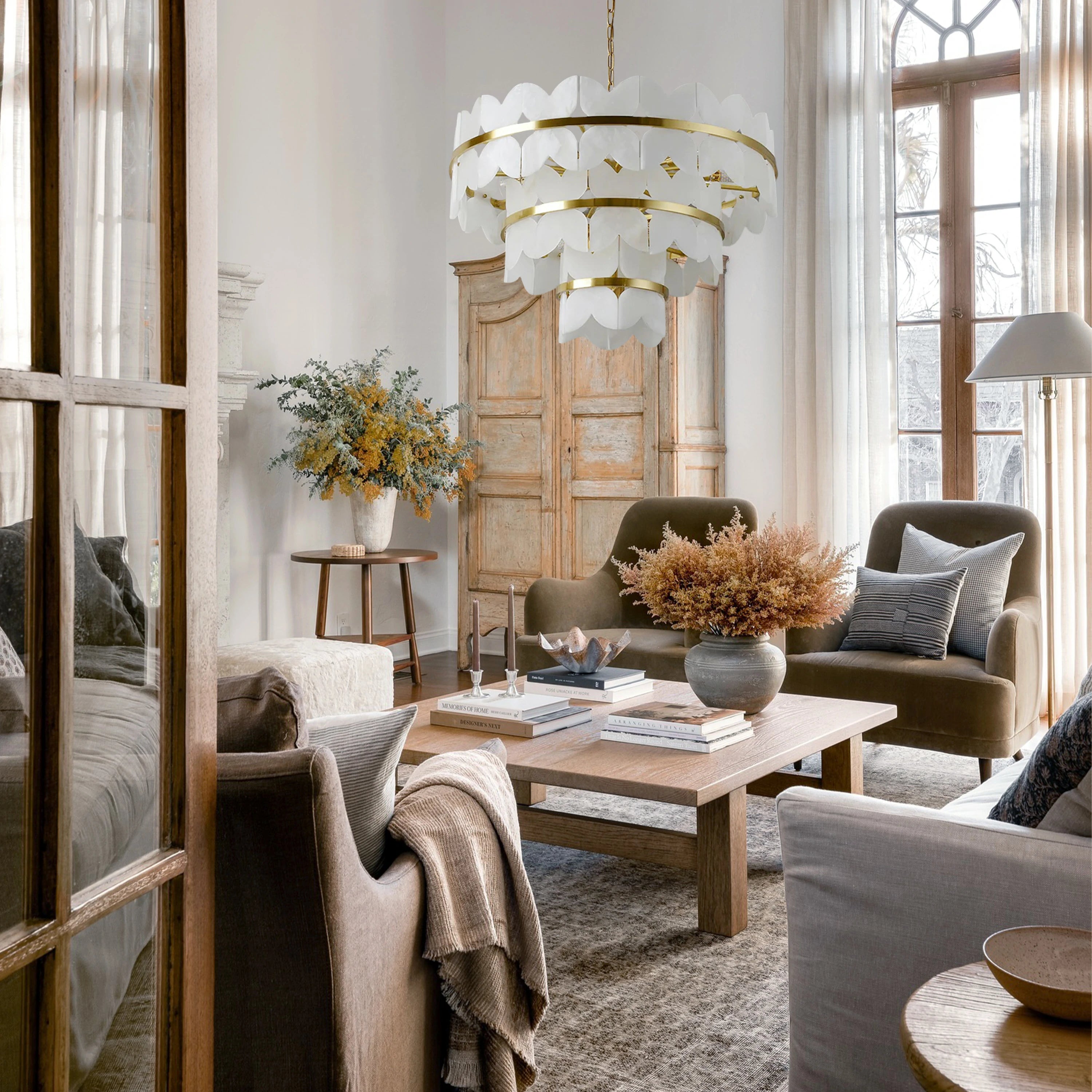 Cloudscape Alabaster Brass 3-Layer Chandelier 80cm D