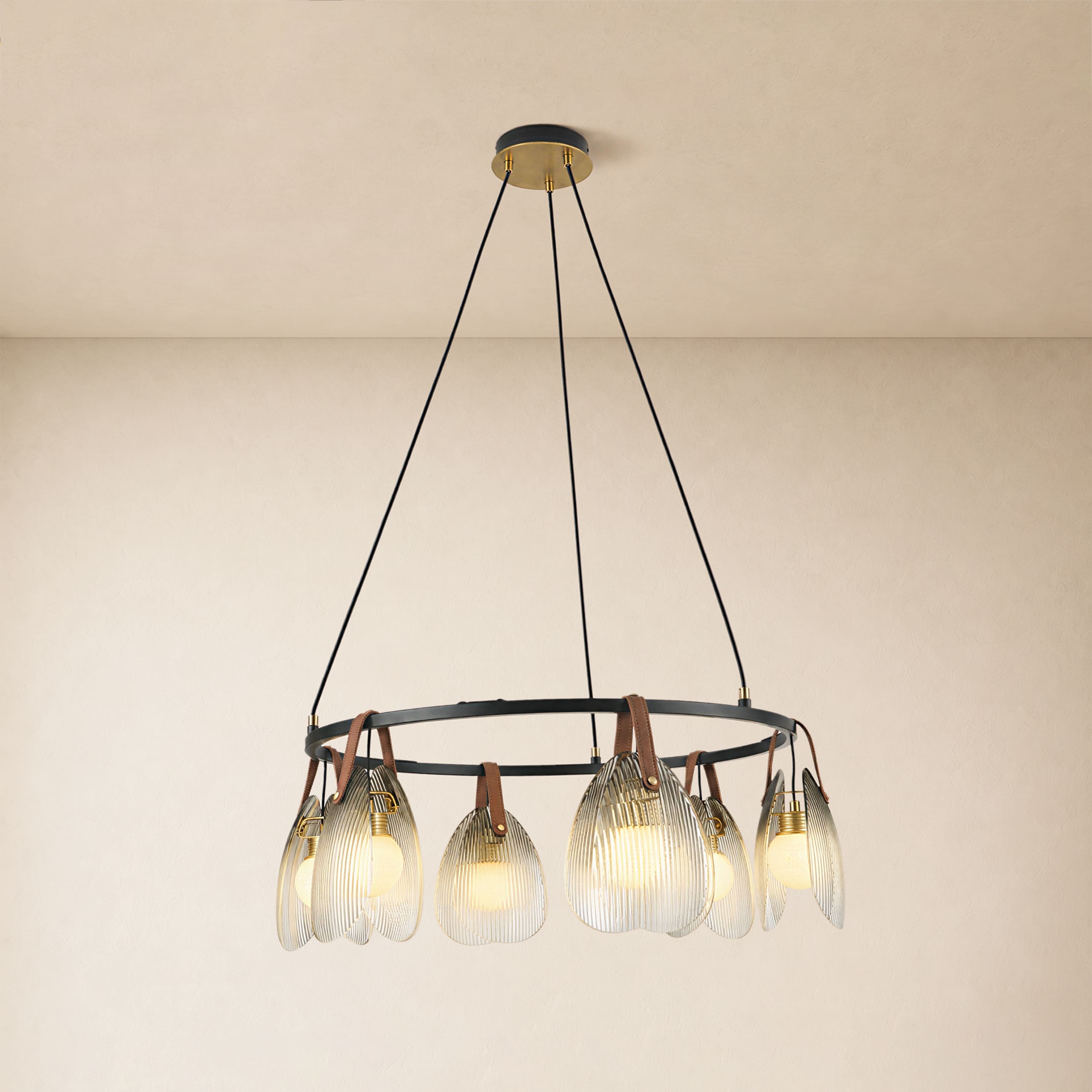Veyra Shell Glass Leather Round Chandelier 27"D#Finish_Black