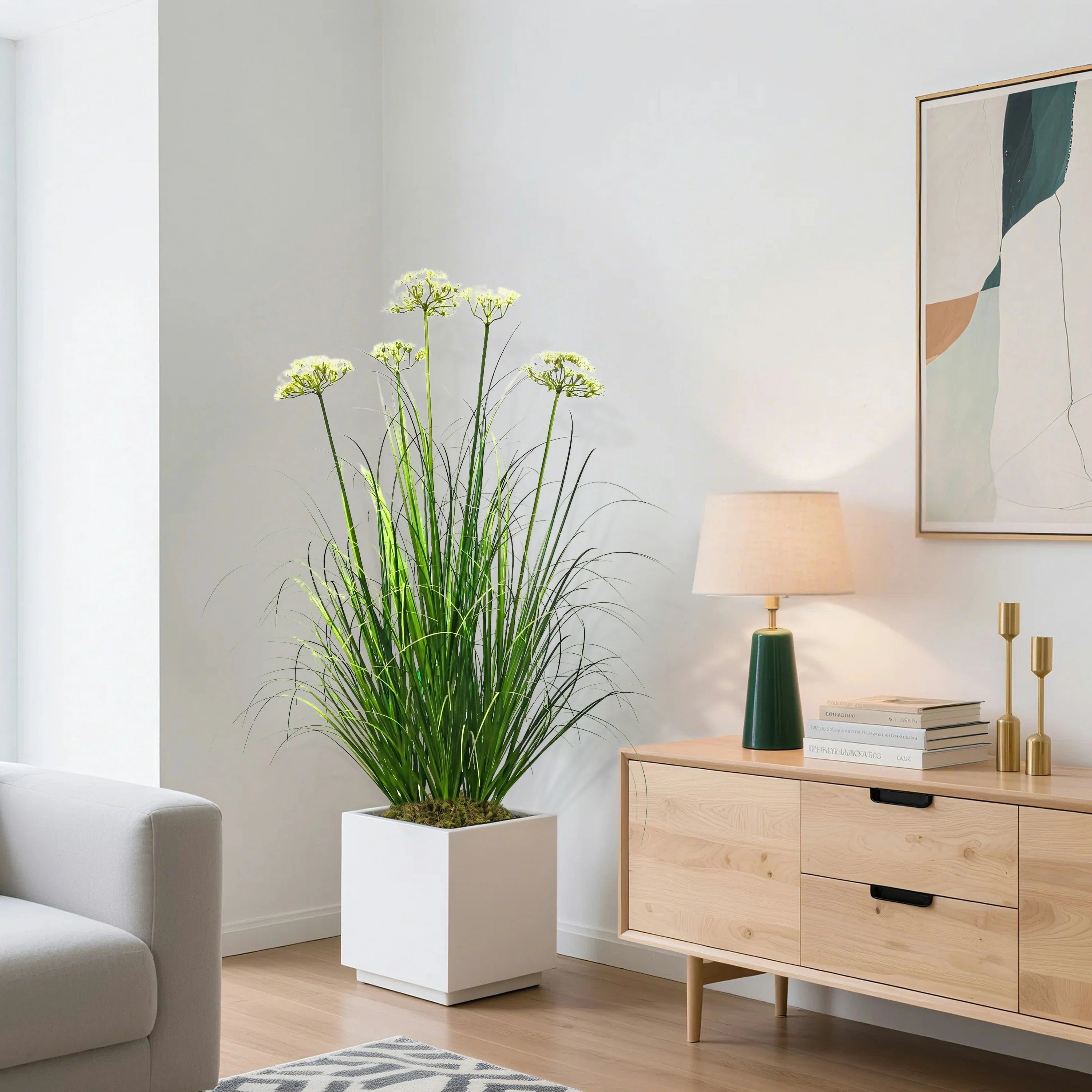 Artificial 5-Head Lace Flower with Curved Onion Grass Bonsai 110cm H