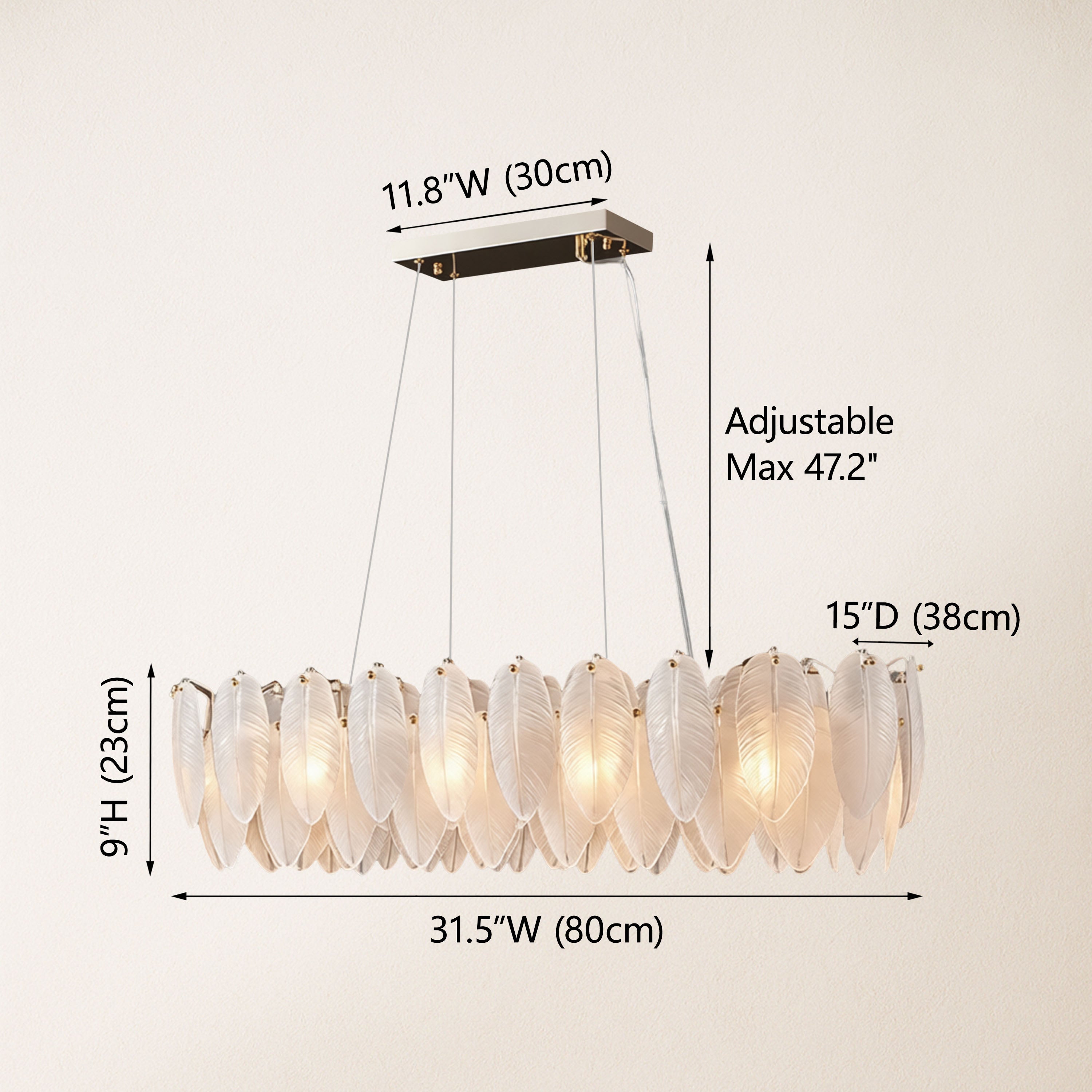 Avelis Glass Feather Linear Chandelier 80cm W