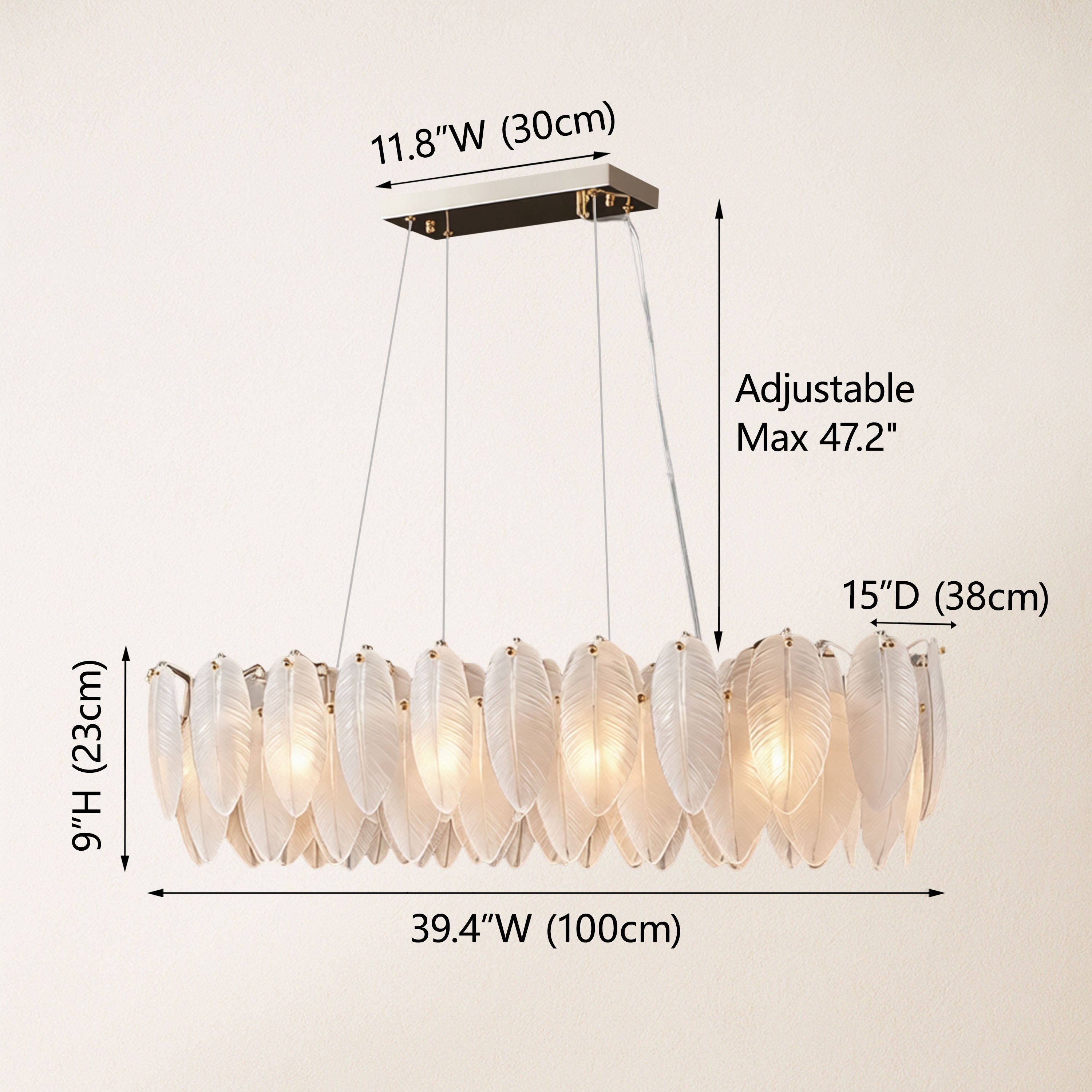 Avelis Glass Feather Linear Chandelier 100cm W