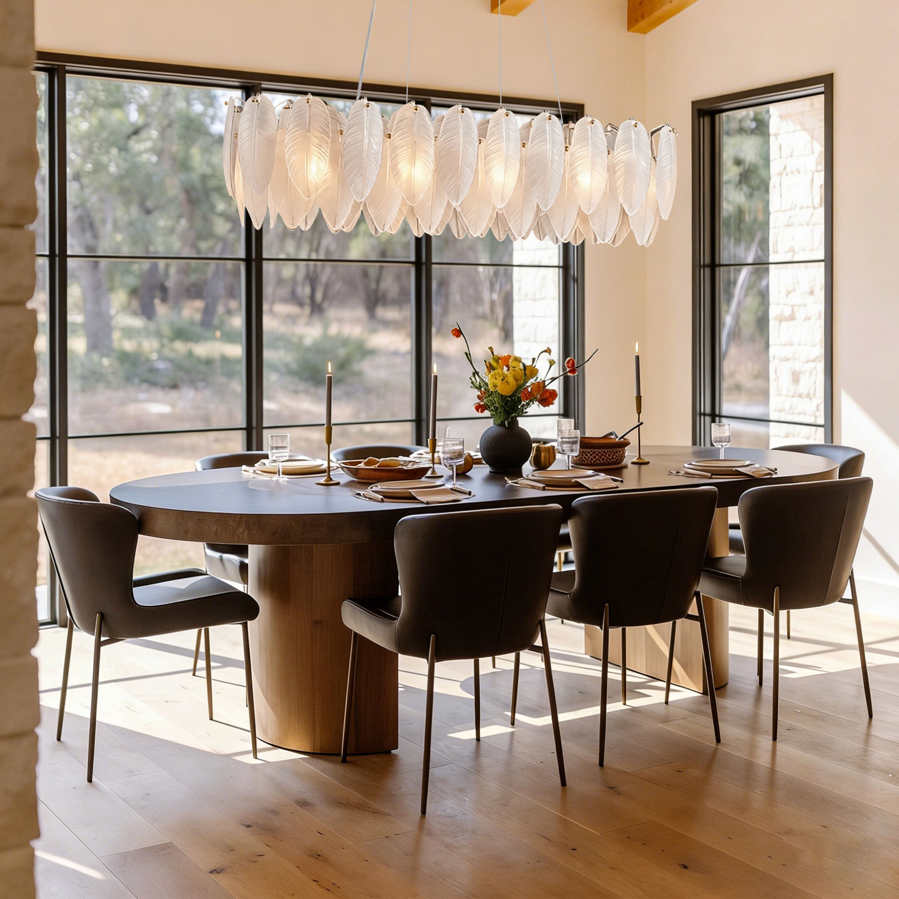 Avelis Glass Feather Linear Chandelier 80cm W