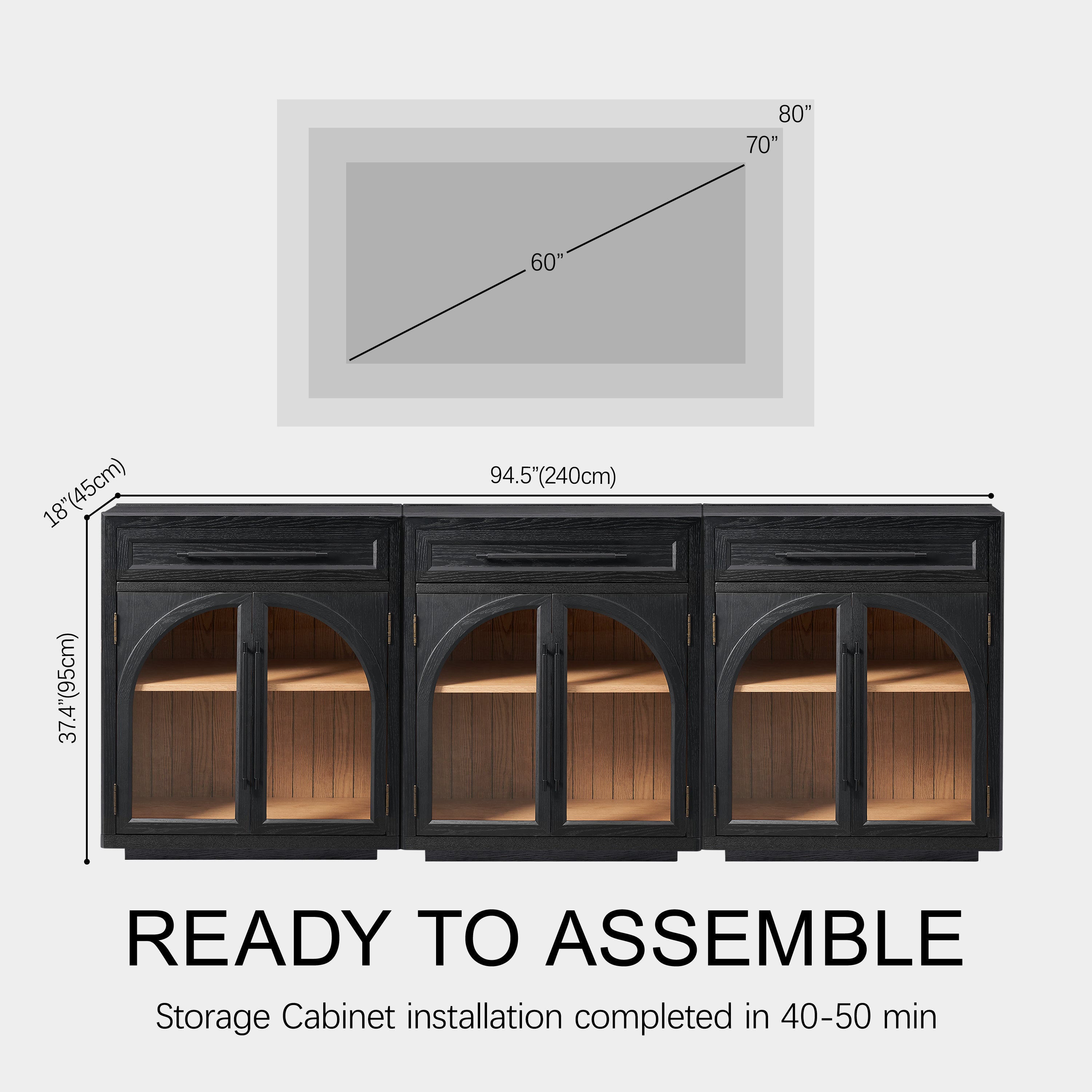 Alvar Arched 94.5" Oak Sideboard with Drawers(Set of 3)