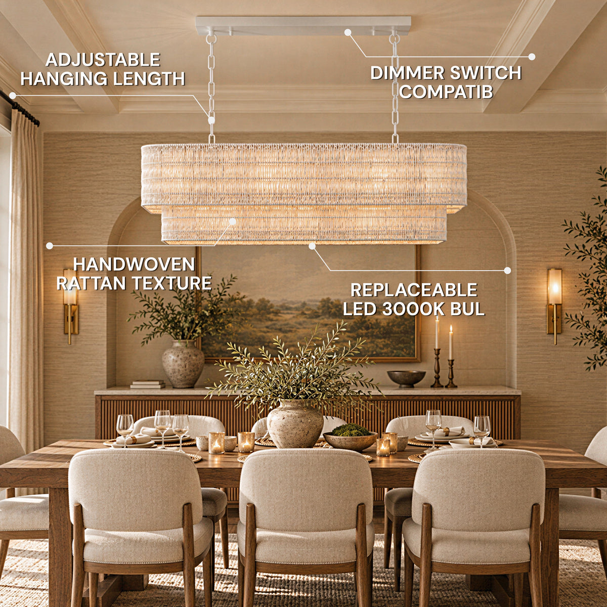 Cavana Rattan Double Tier Rectangular Chandelier 48"W