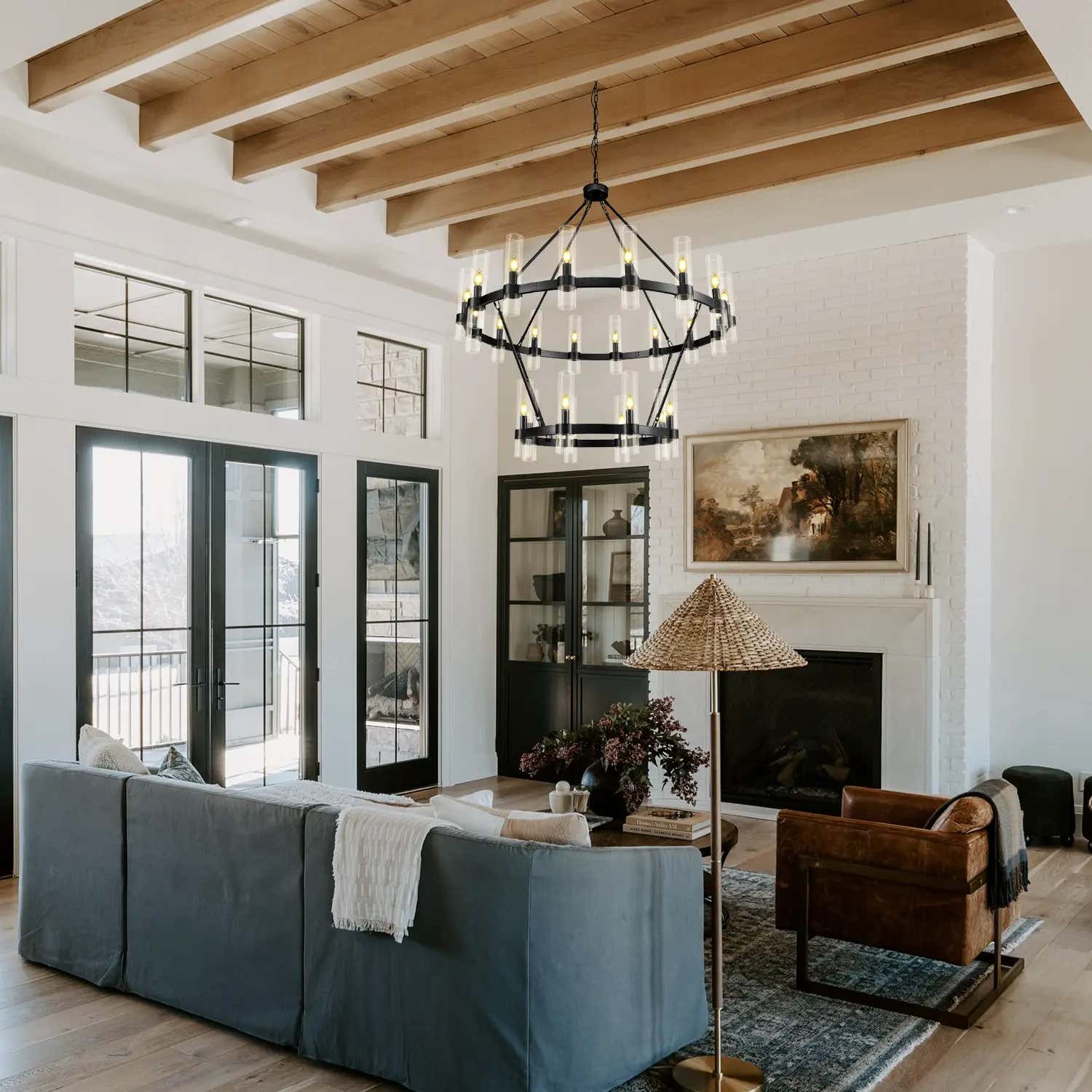 Cylora Glass Tube 2-Tier Round Chandelier 48"D#Finish_Black