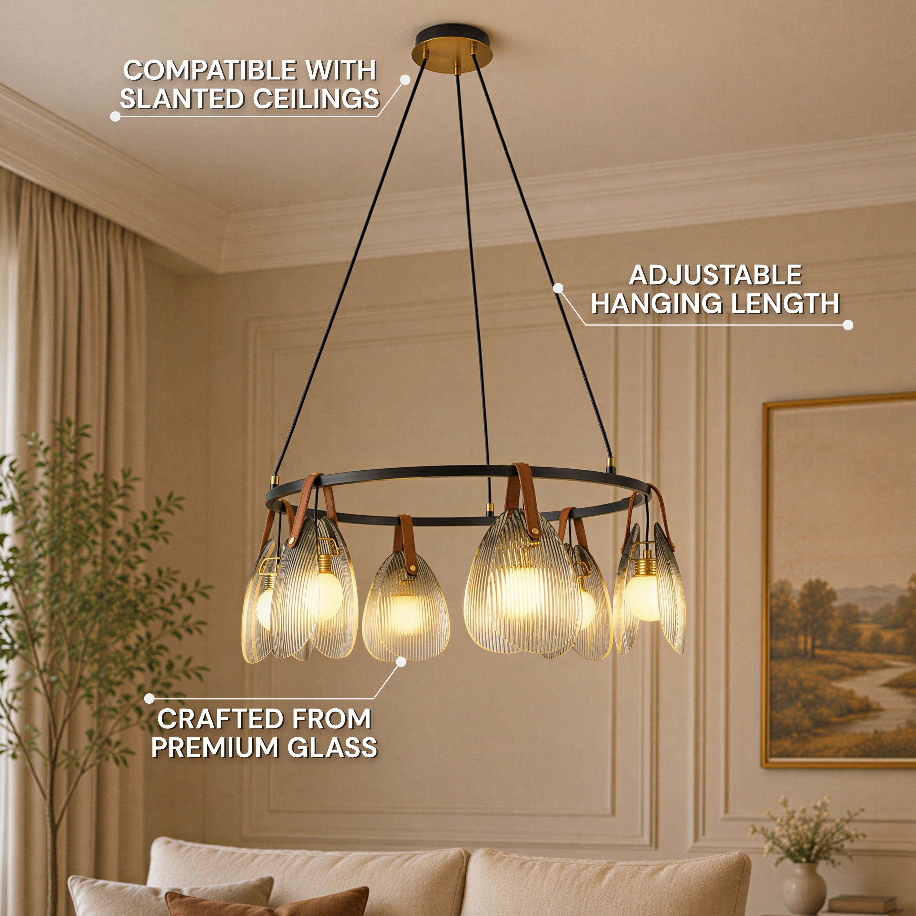 Veyra Shell Glass Leather Round Chandelier 27"D