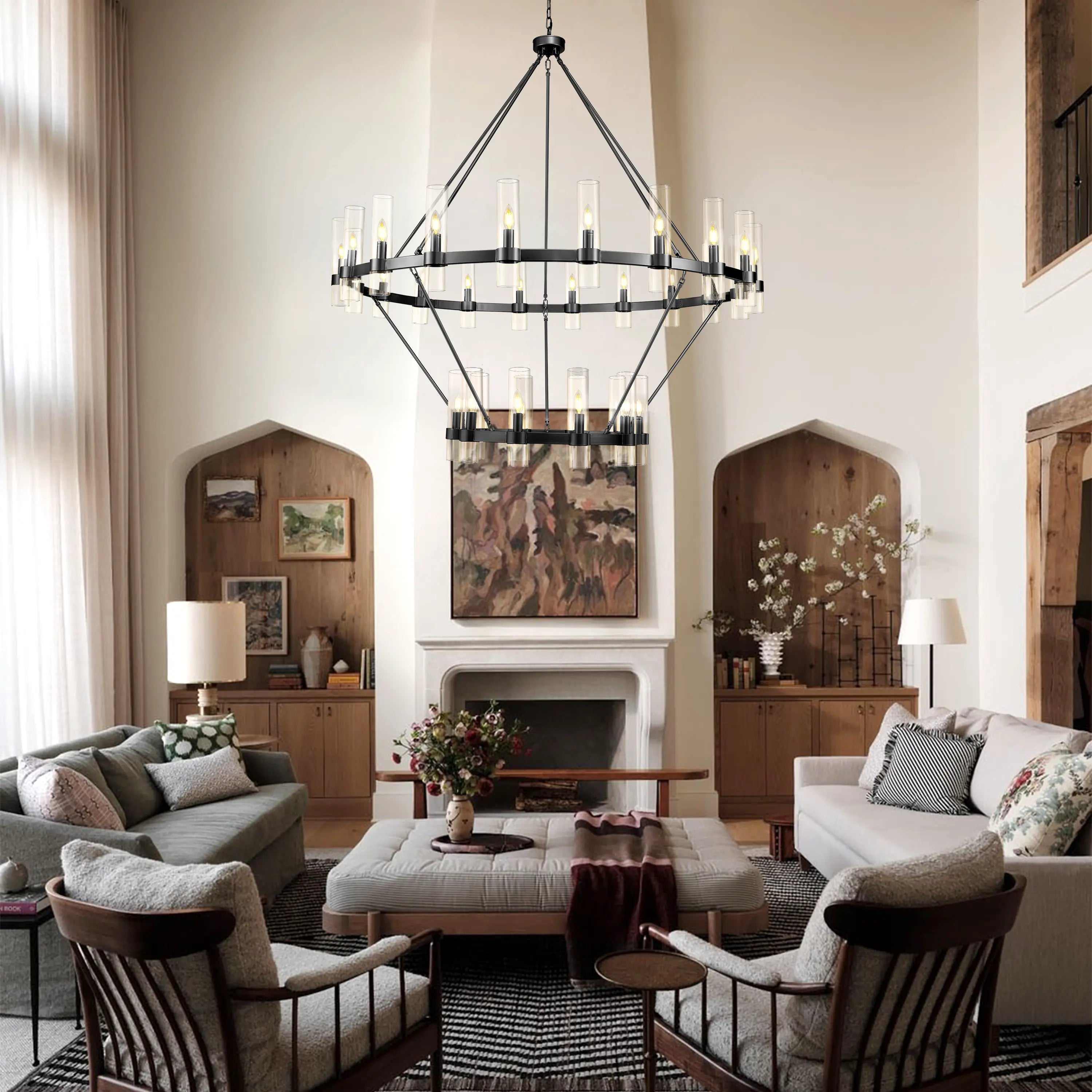 Cylora Glass Tube 2-Tier Round Chandelier 60"D#Finish_Black