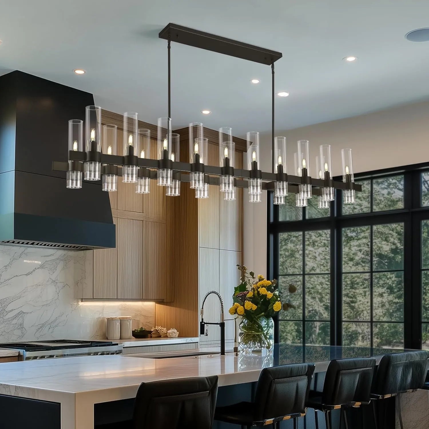 Cylora Glass Tube Rectangular Chandelier 68"W#Finish_Black