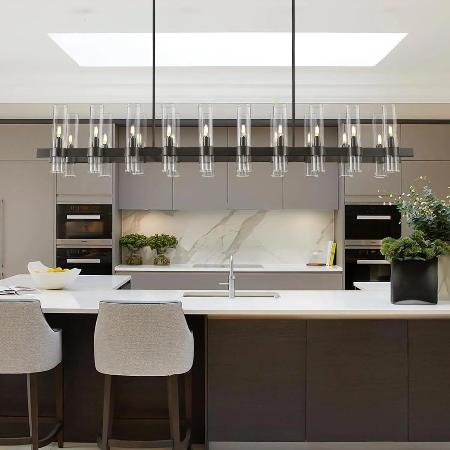 Cylora Glass Tube Rectangular Chandelier 68"W#Finish_Black