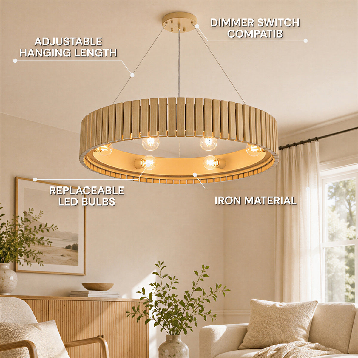 Woodgrain Iron Round Pendant 31"W