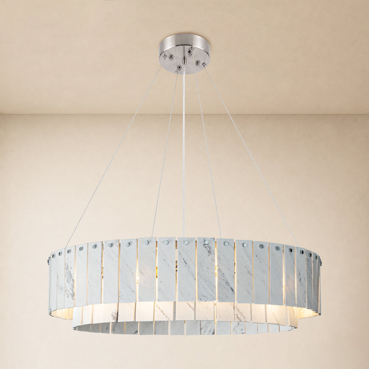 Pietra Porcelain White Marble Tiered Drum Chandelier 24" 31"D
