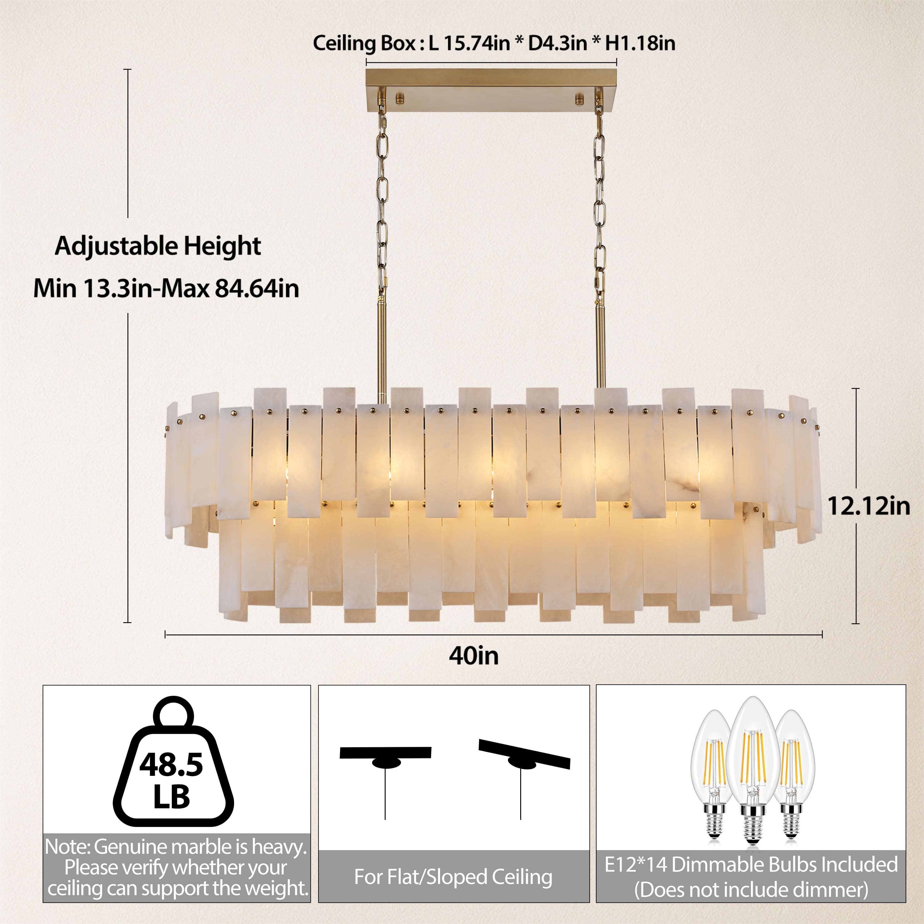 Nivislight Alabaster 2-Tier Rectangular Chandelier 101cm D