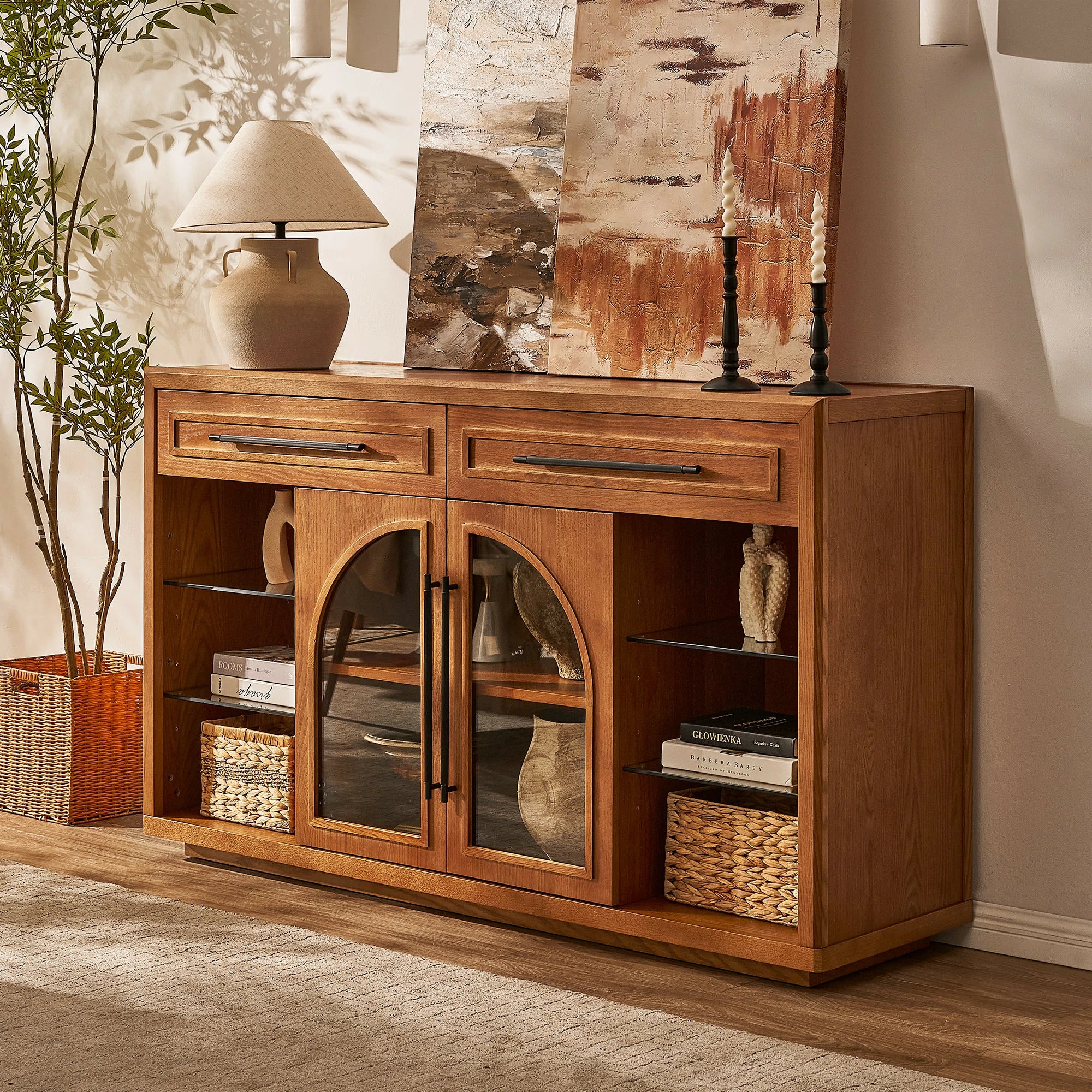 Alvar Oak Arched Glass Sideboard 63"W