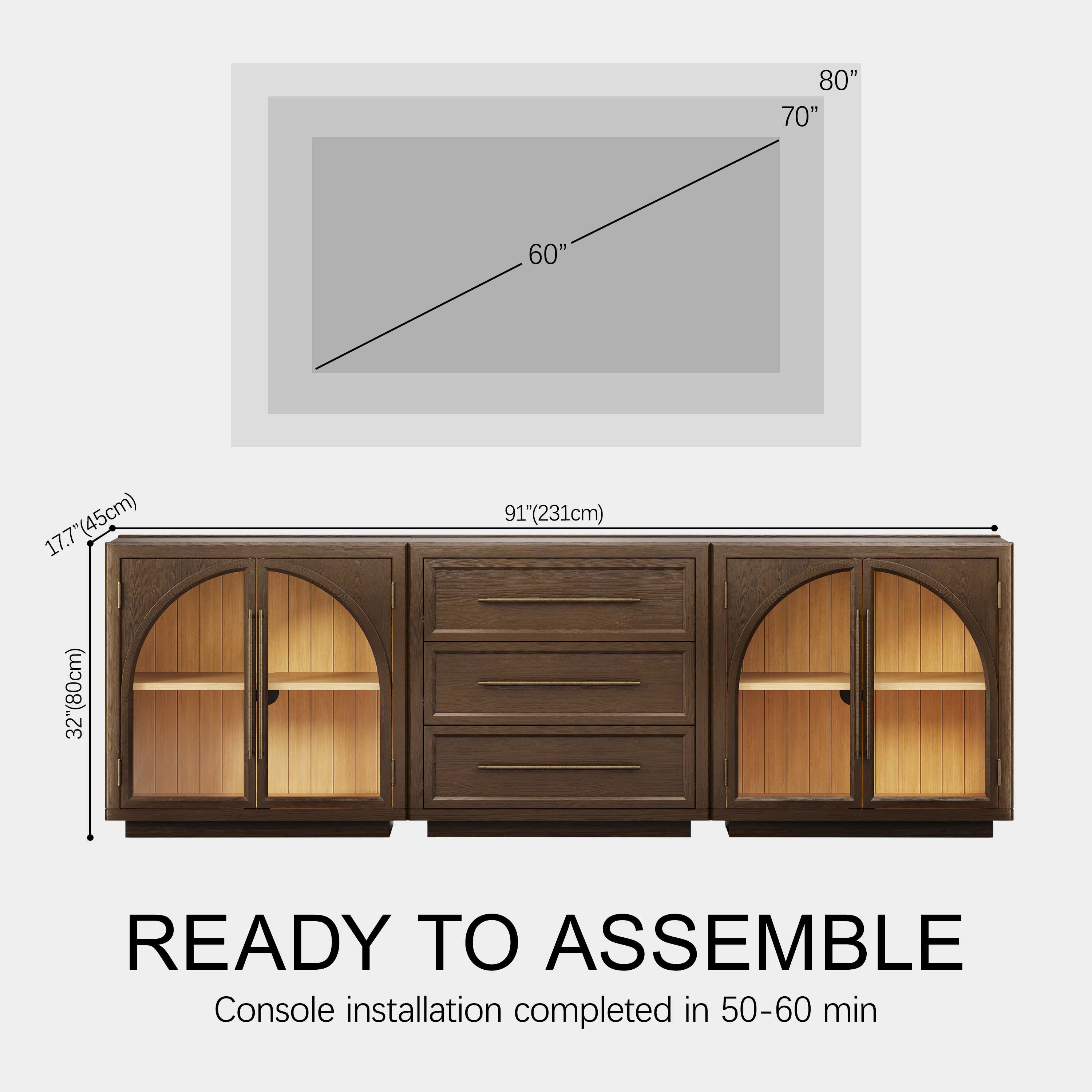 Alvar Arched 91″ Oak Modular Media Console(Set of 3)
