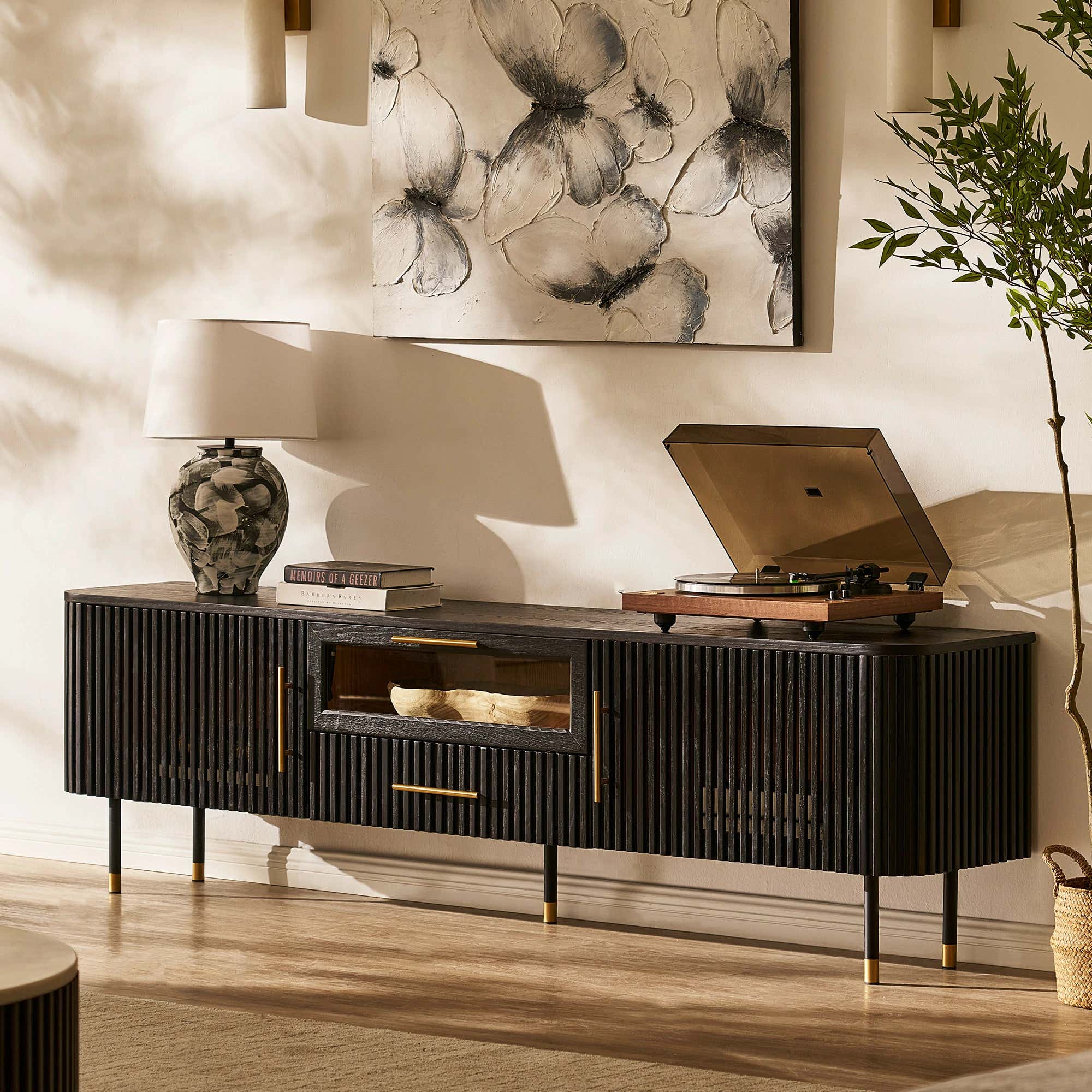 Ewan Oak Media Console and Cabinet Set