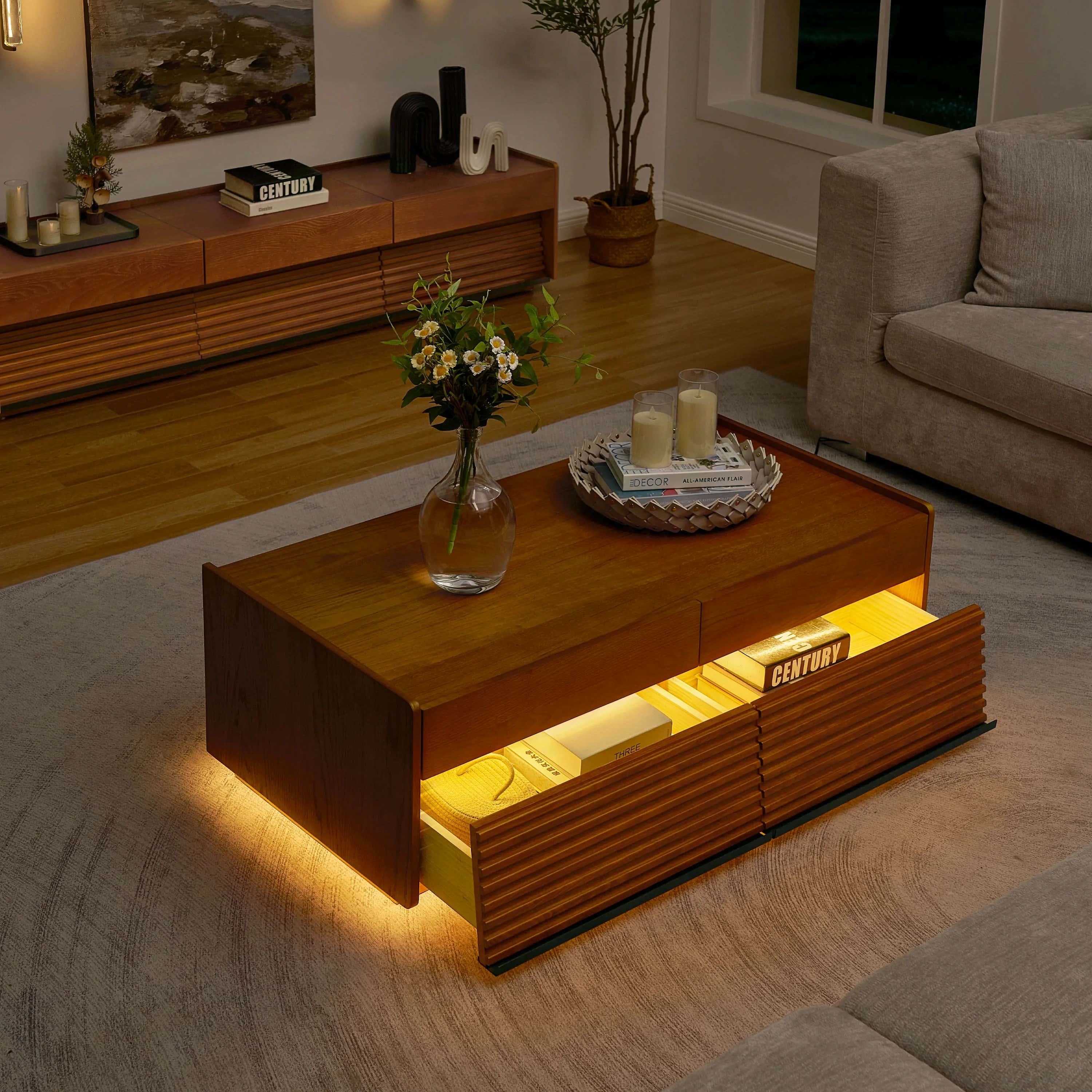 Devon Oak Media Console And Coffee Table Set