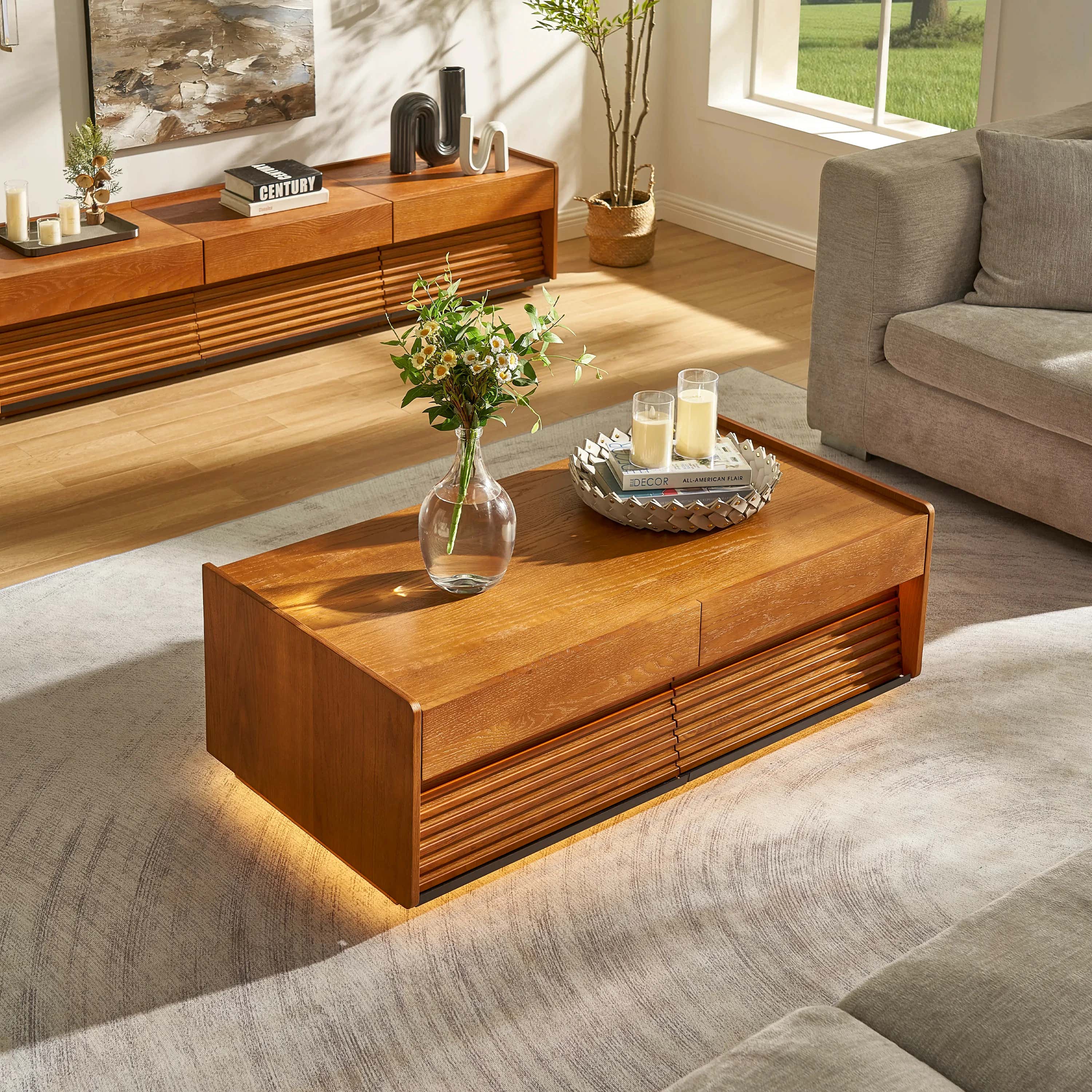 Devon Oak Media Console And Coffee Table Set