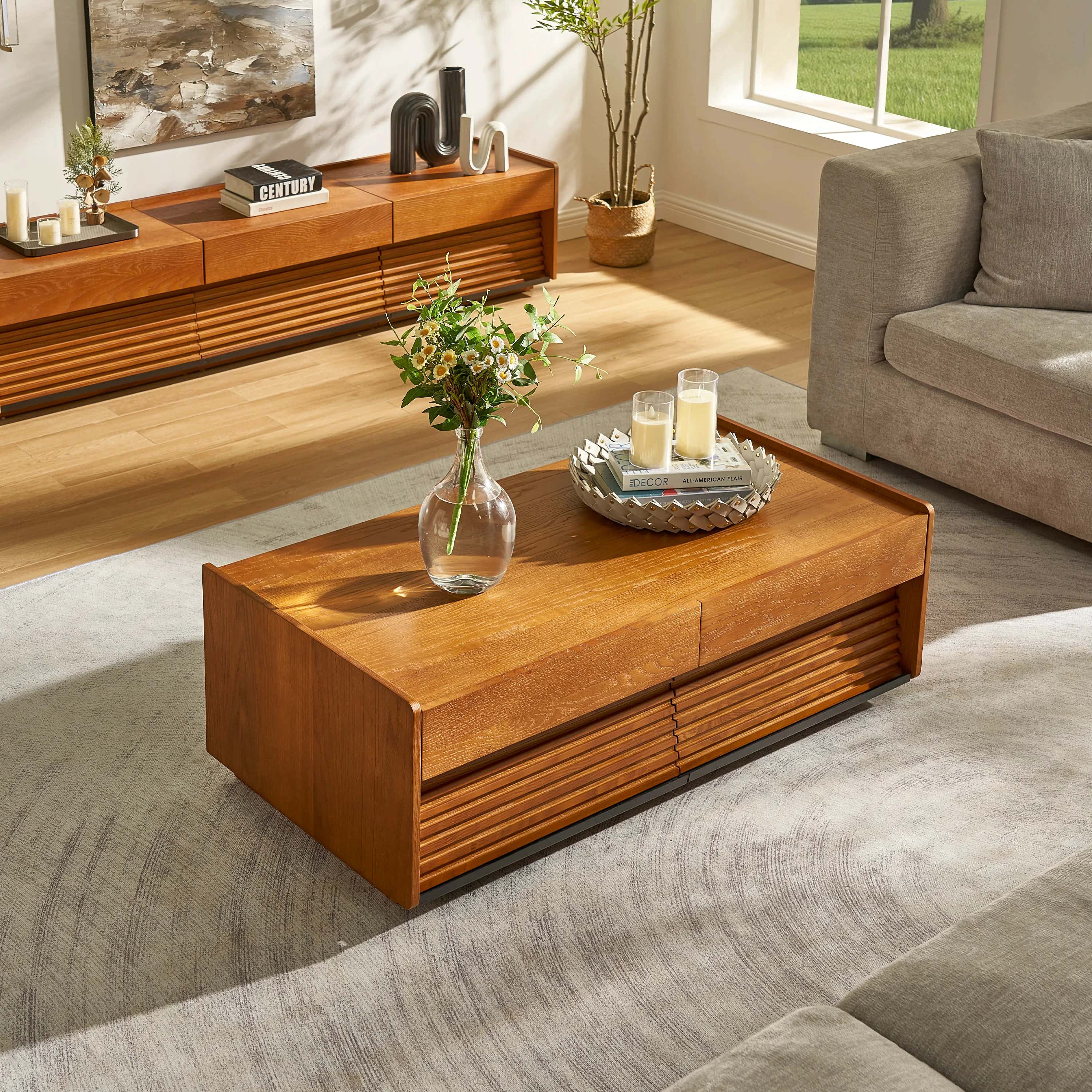 Devon Oak Media Console And Coffee Table Set