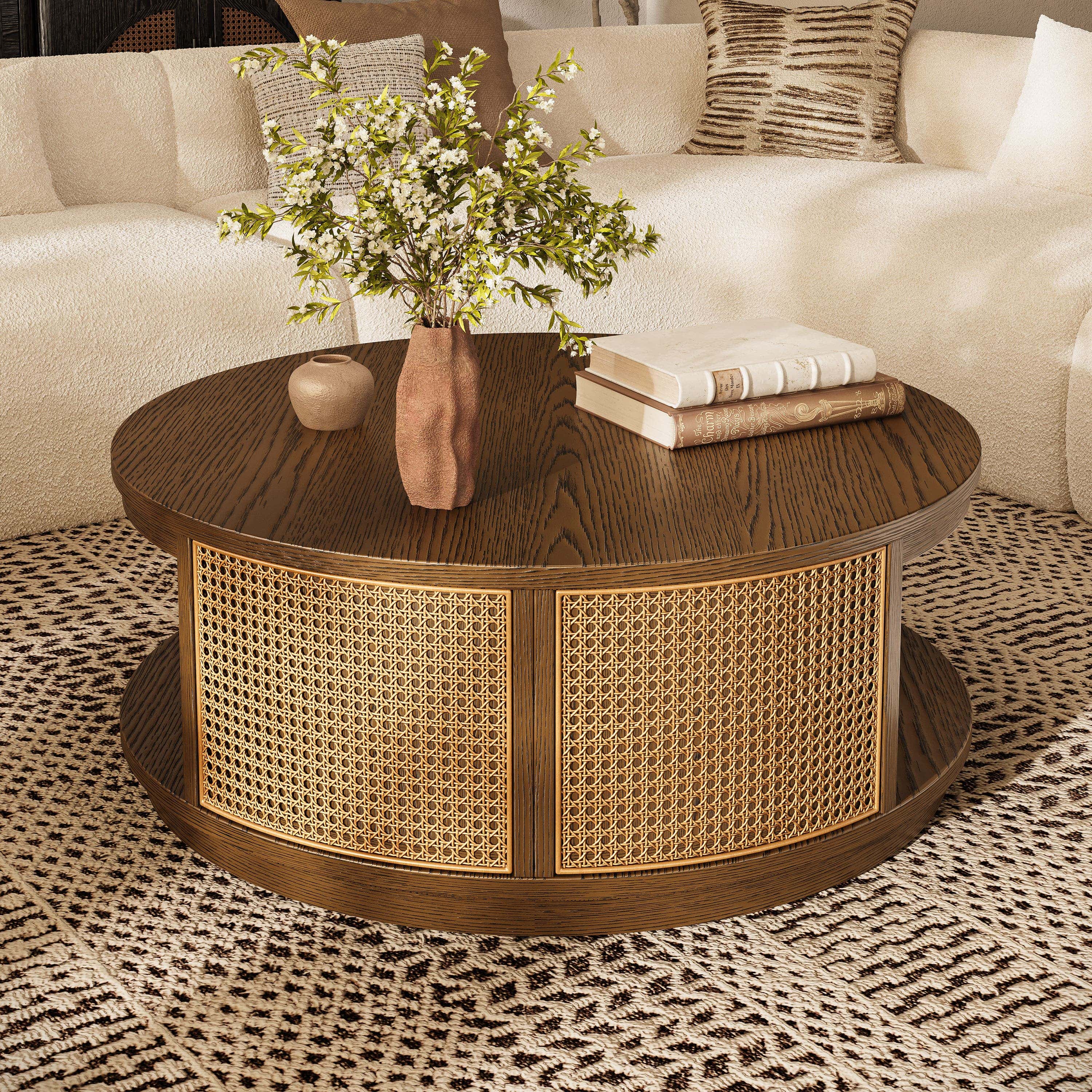 Harlow Round Oak & Rattan Drum Coffee Table