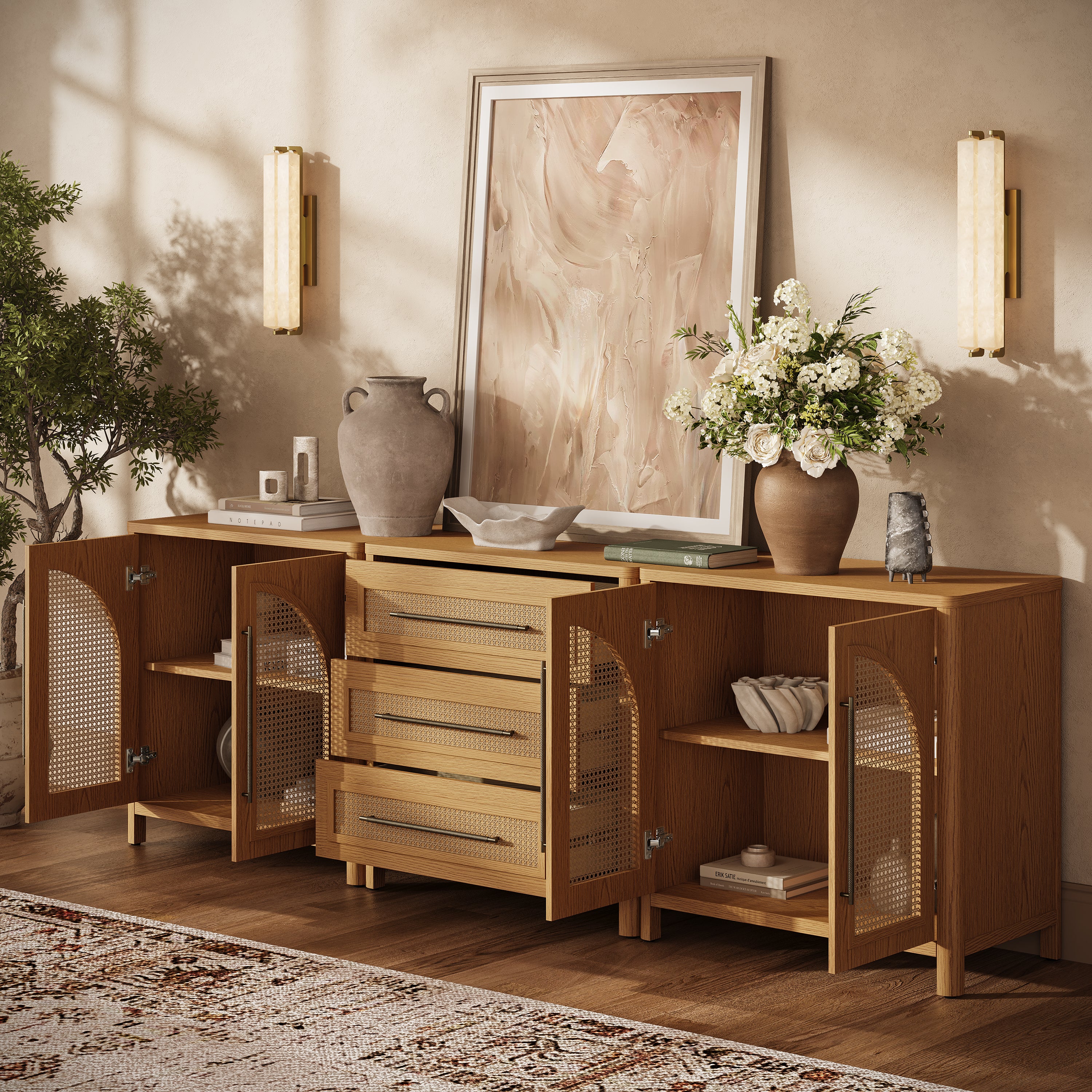 Arden Cane 94.5″ Oak Modular Media Console(Set of 3)