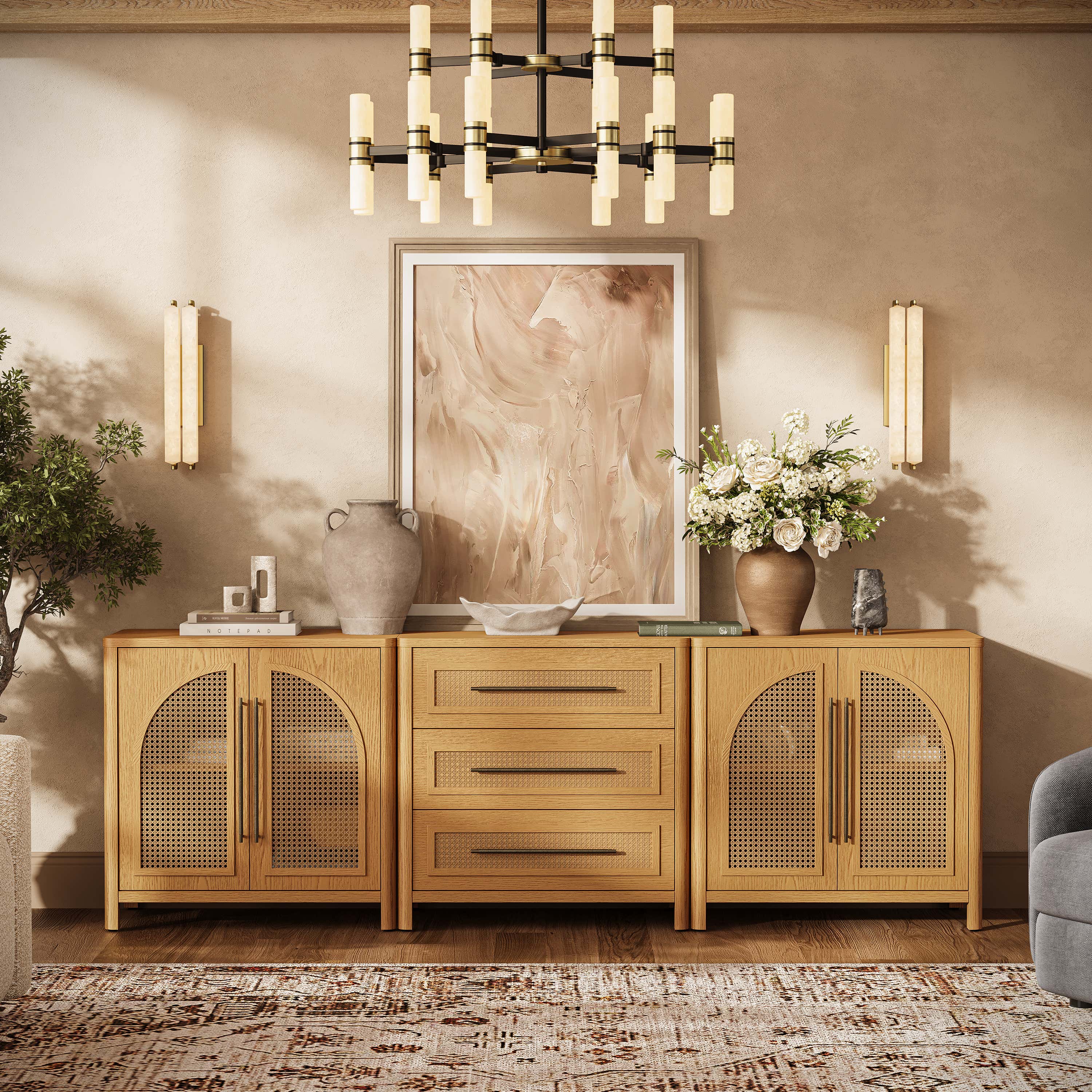 Arden Cane 94.5″ Oak Modular Media Console(Set of 3)