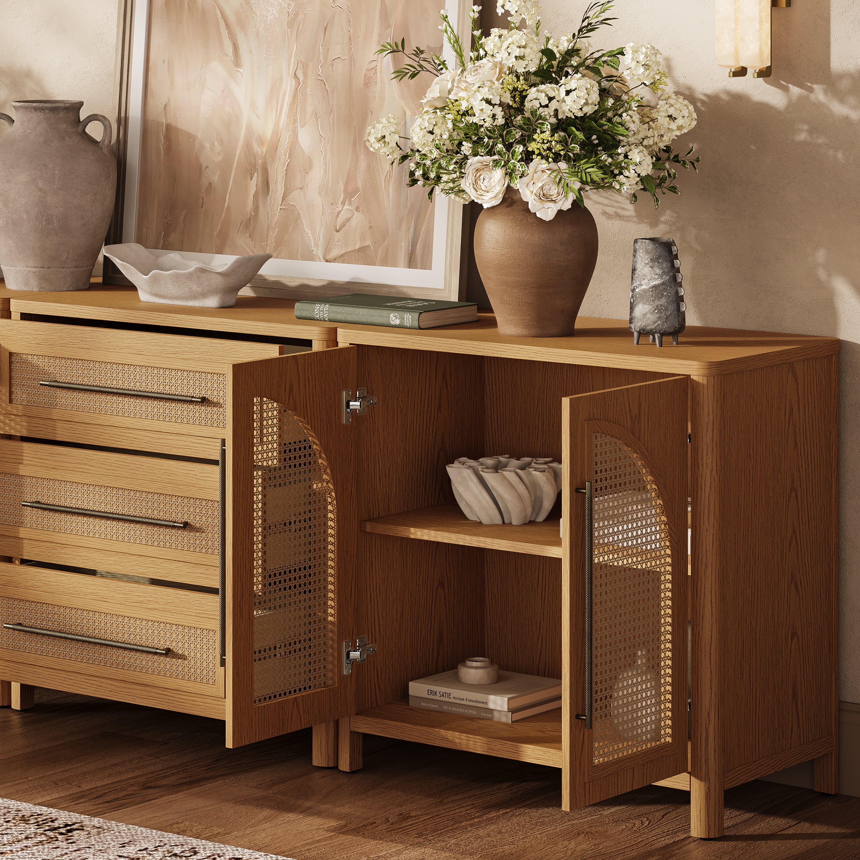 Arden Cane 94.5″ Oak Modular Media Console(Set of 3)