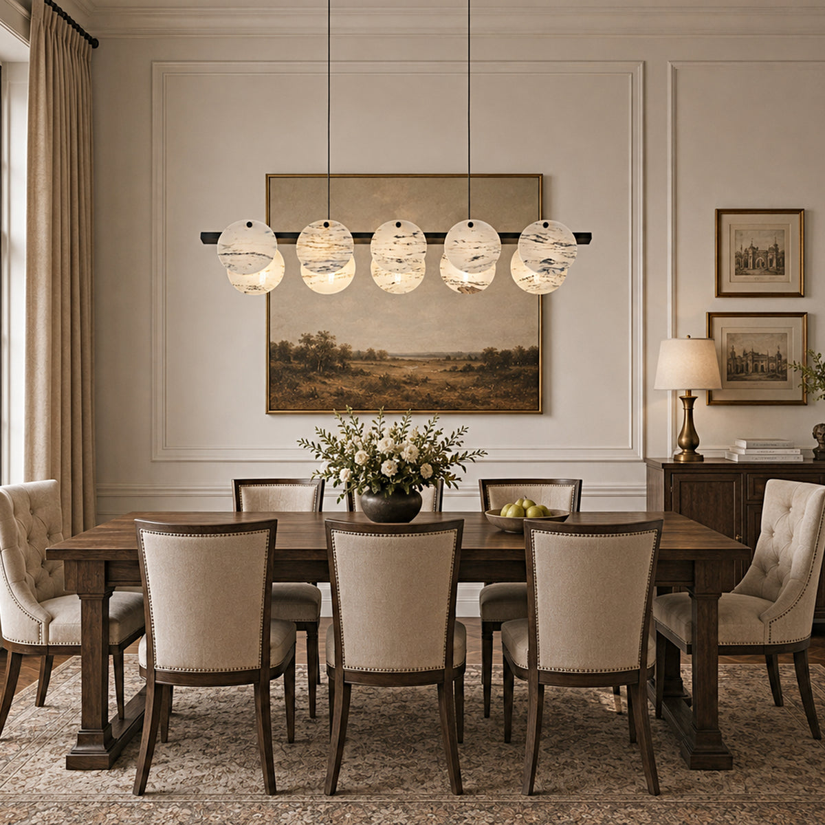 Pietra White Ink Marble Round Disc Linear Chandelier 39.3"W