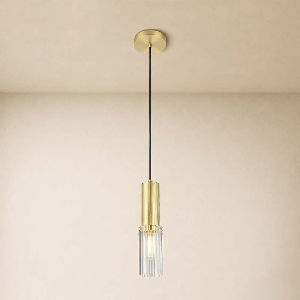 Briar Ribbed Glass Cylinder Pendant 12"H#Finish_Gold