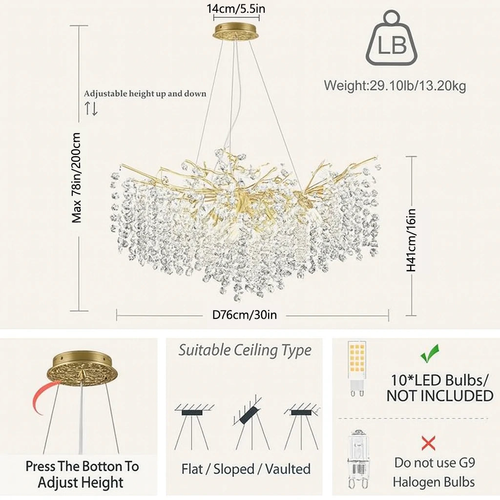 Lustre Branches Crystal Round Chandelier for All Rooms 76cm