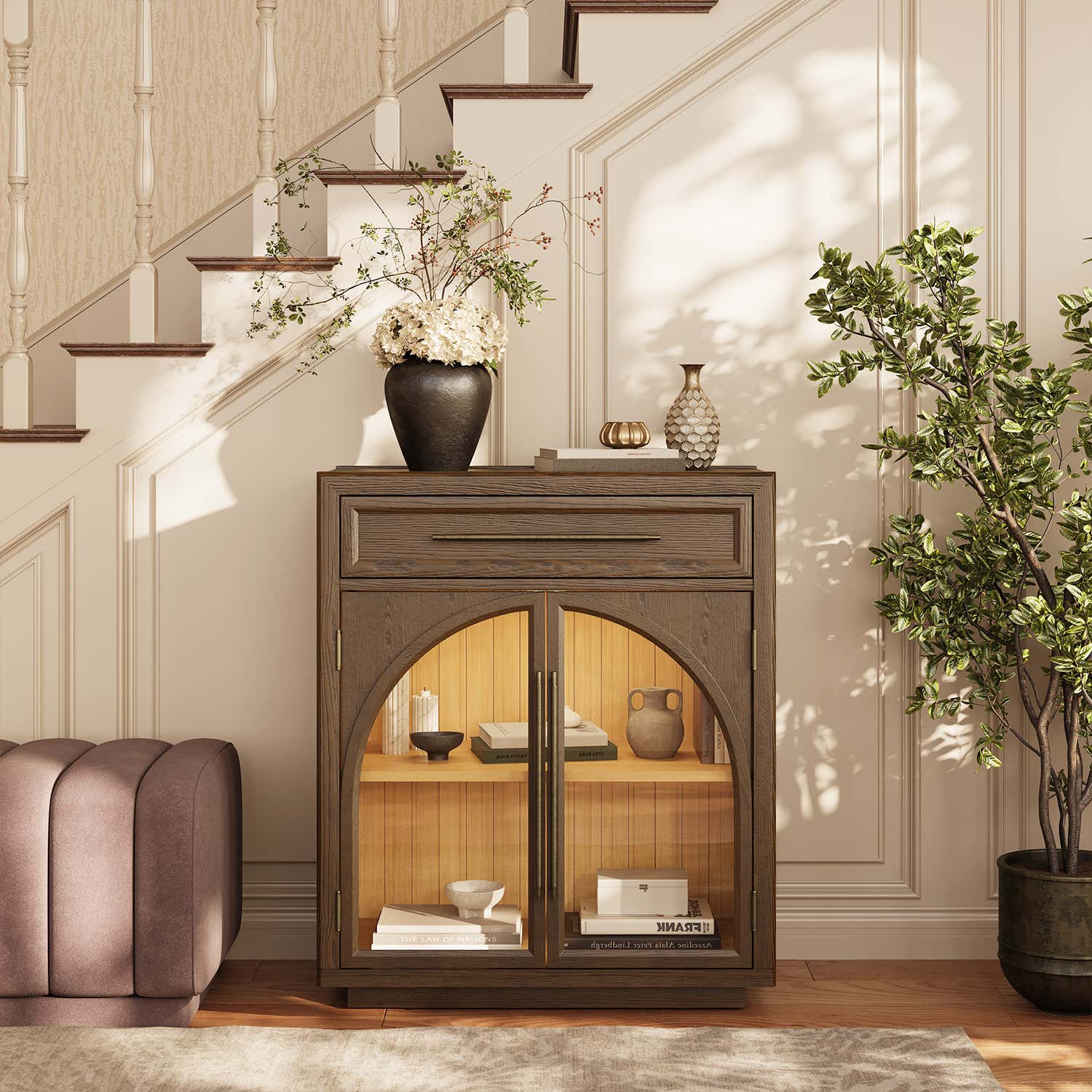 Alvar Arched 62.9" Oak Sideboard with Drawers(Set of 2)