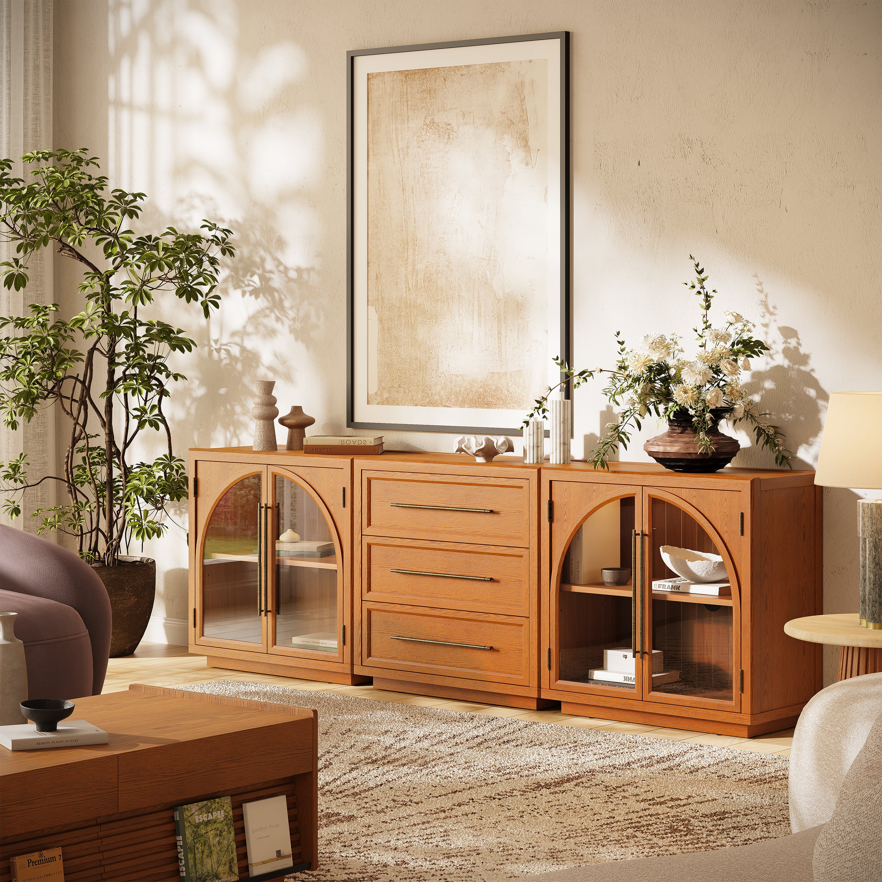 Alvar Arched 94.5″ Oak Modular Media Console(Set of 3)