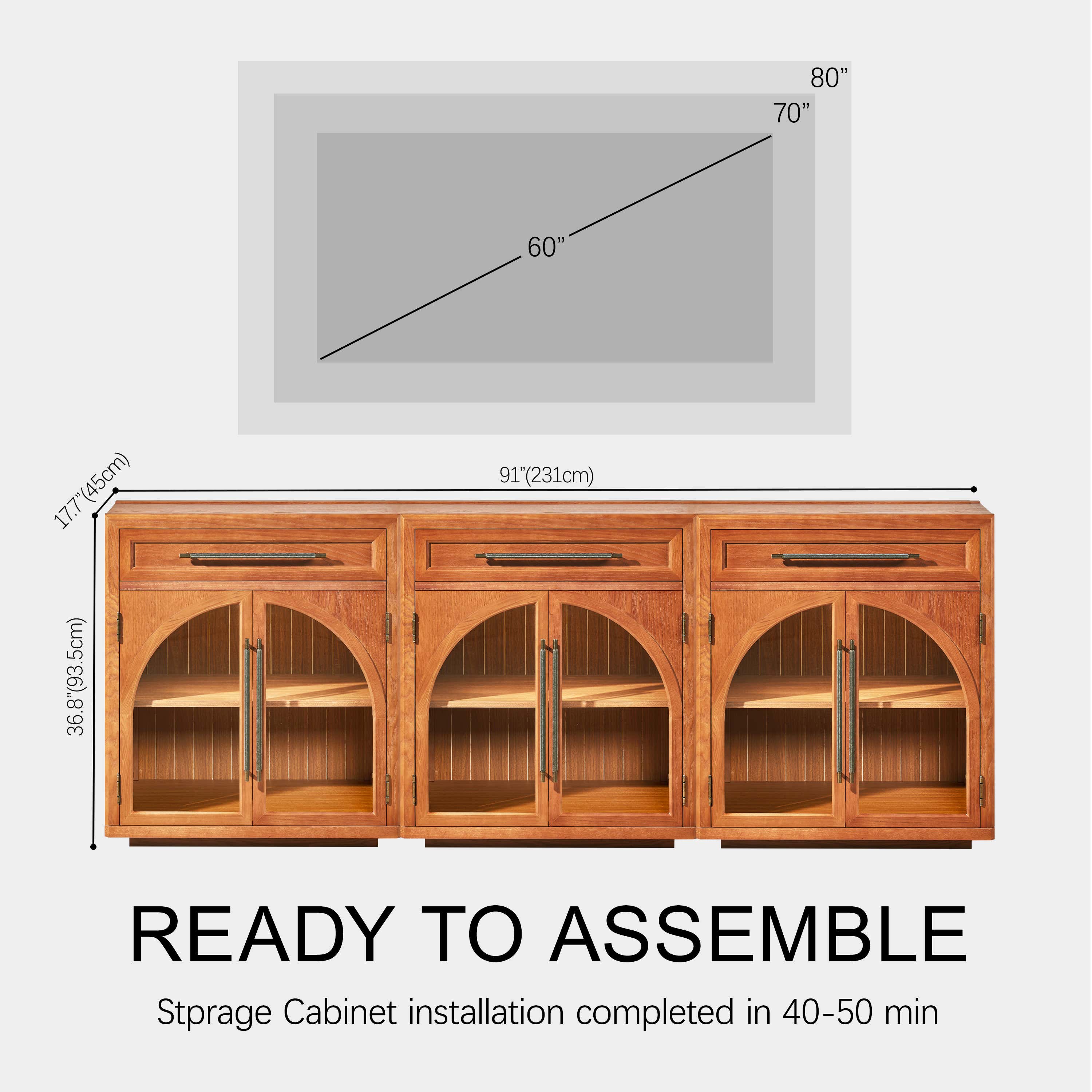 Alvar Arched 91" Oak Sideboard with Drawers(Set of 3)