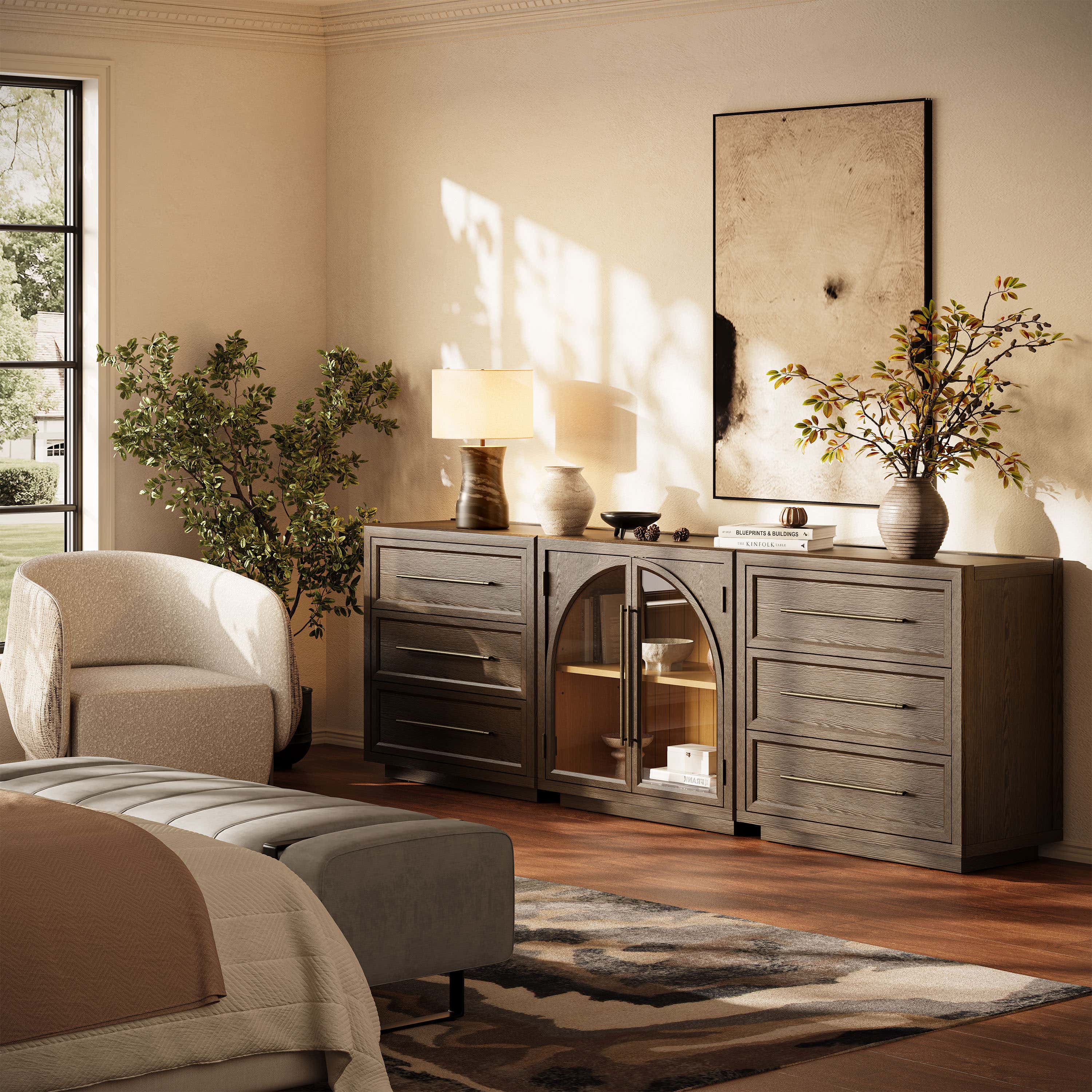Alvar Arched 91″ Oak Modular Media Console(Set of 3)