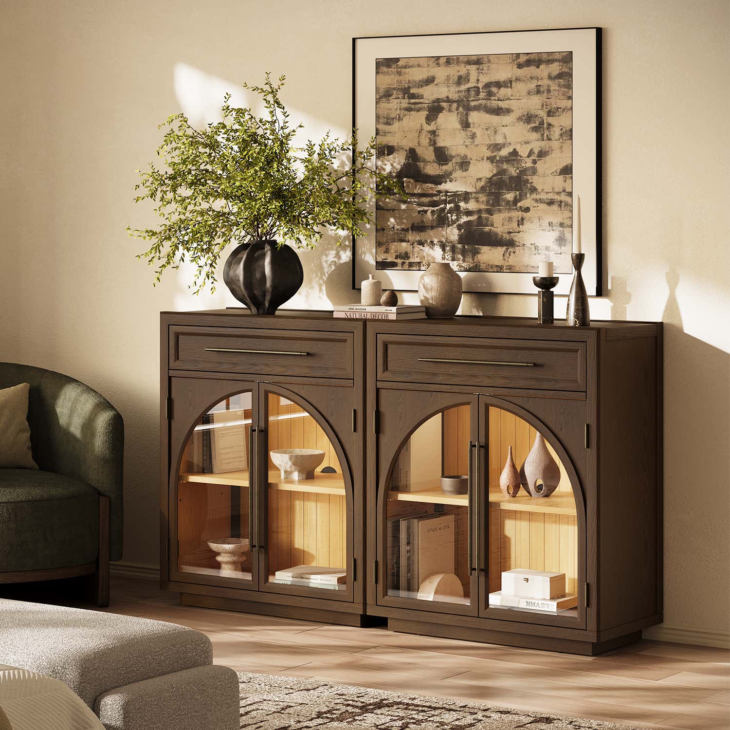 Alvar Arched 62.9" Oak Sideboard with Drawers(Set of 2)