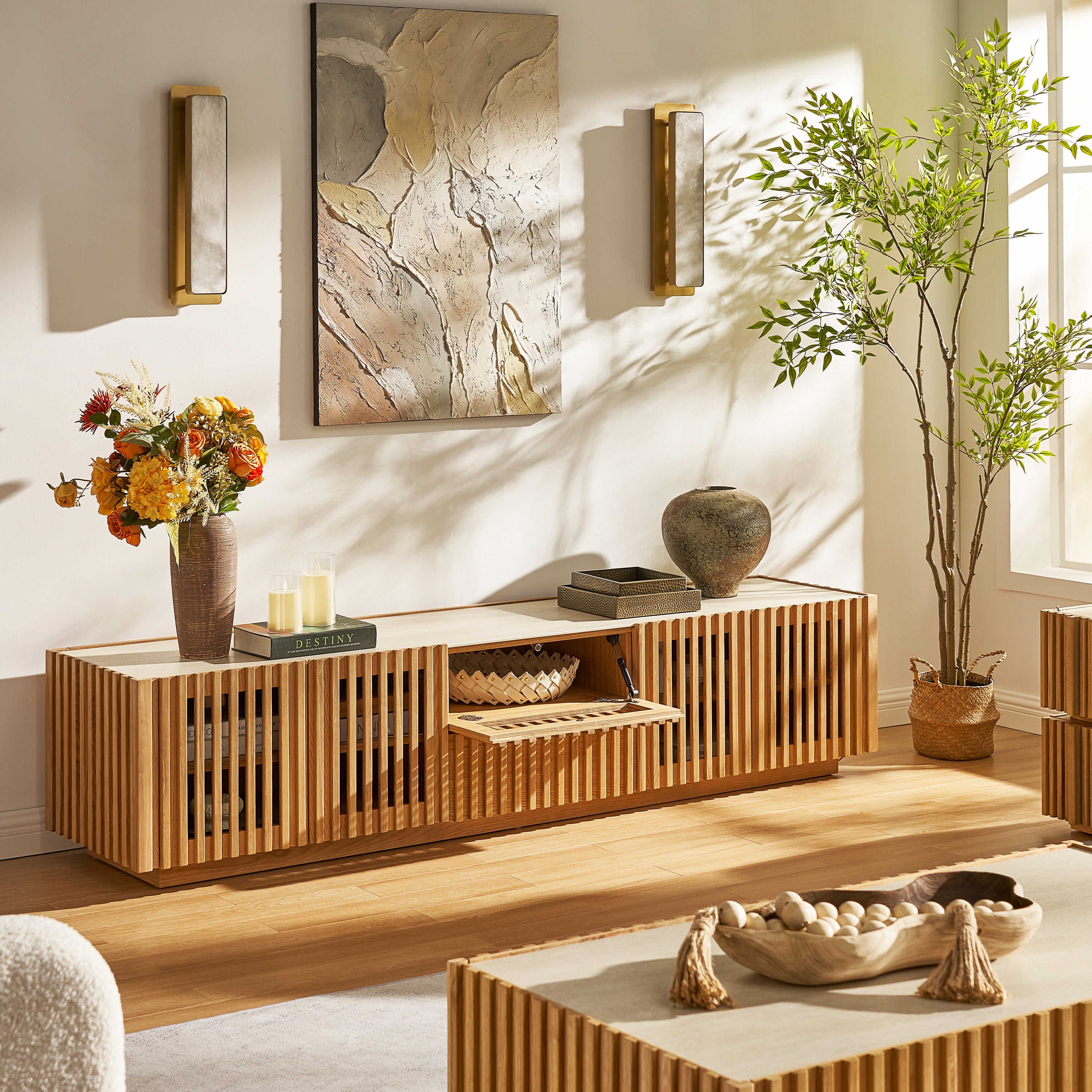 Isla Oak Media Console And Coffee Table Set