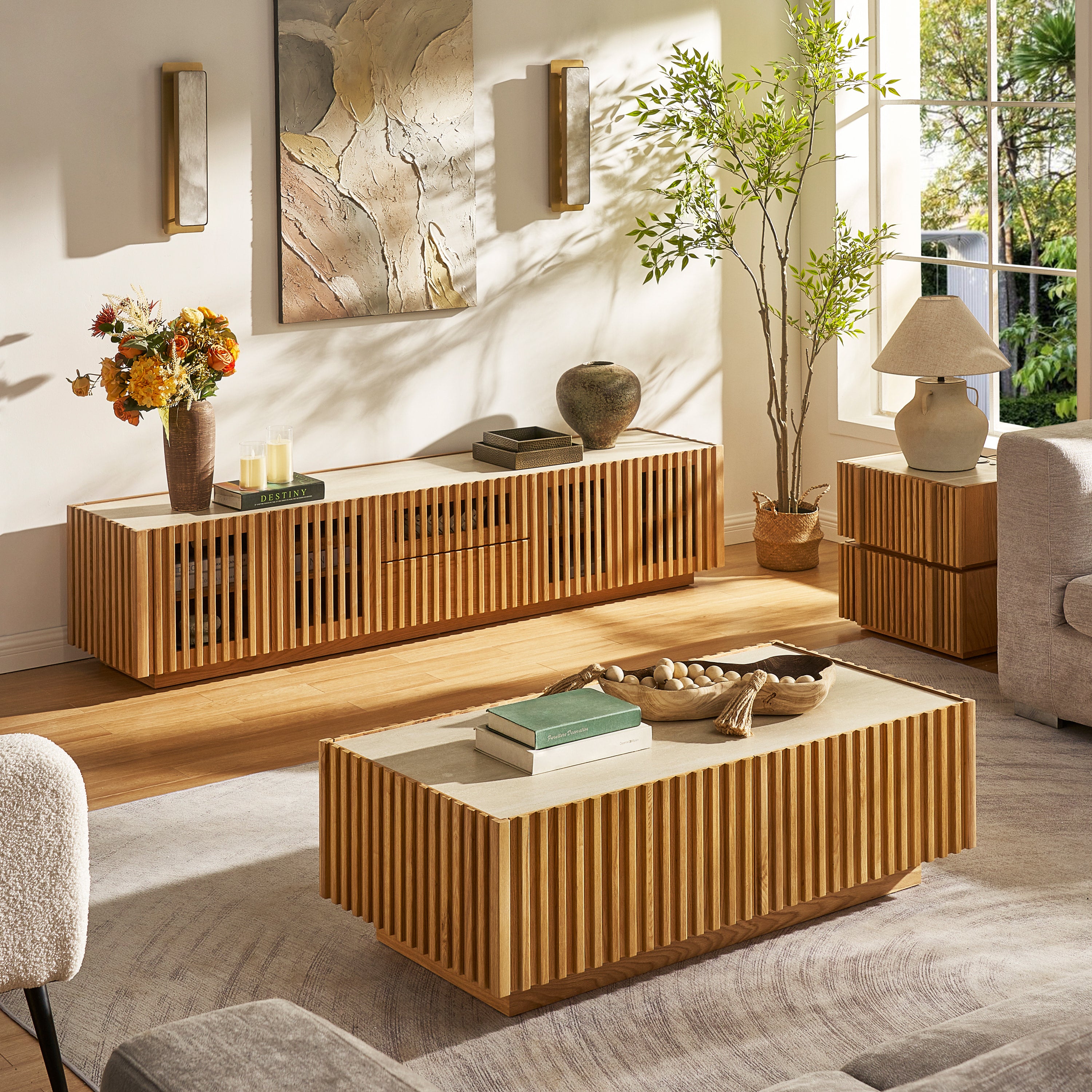 Isla Oak Media Console And Coffee Table Set