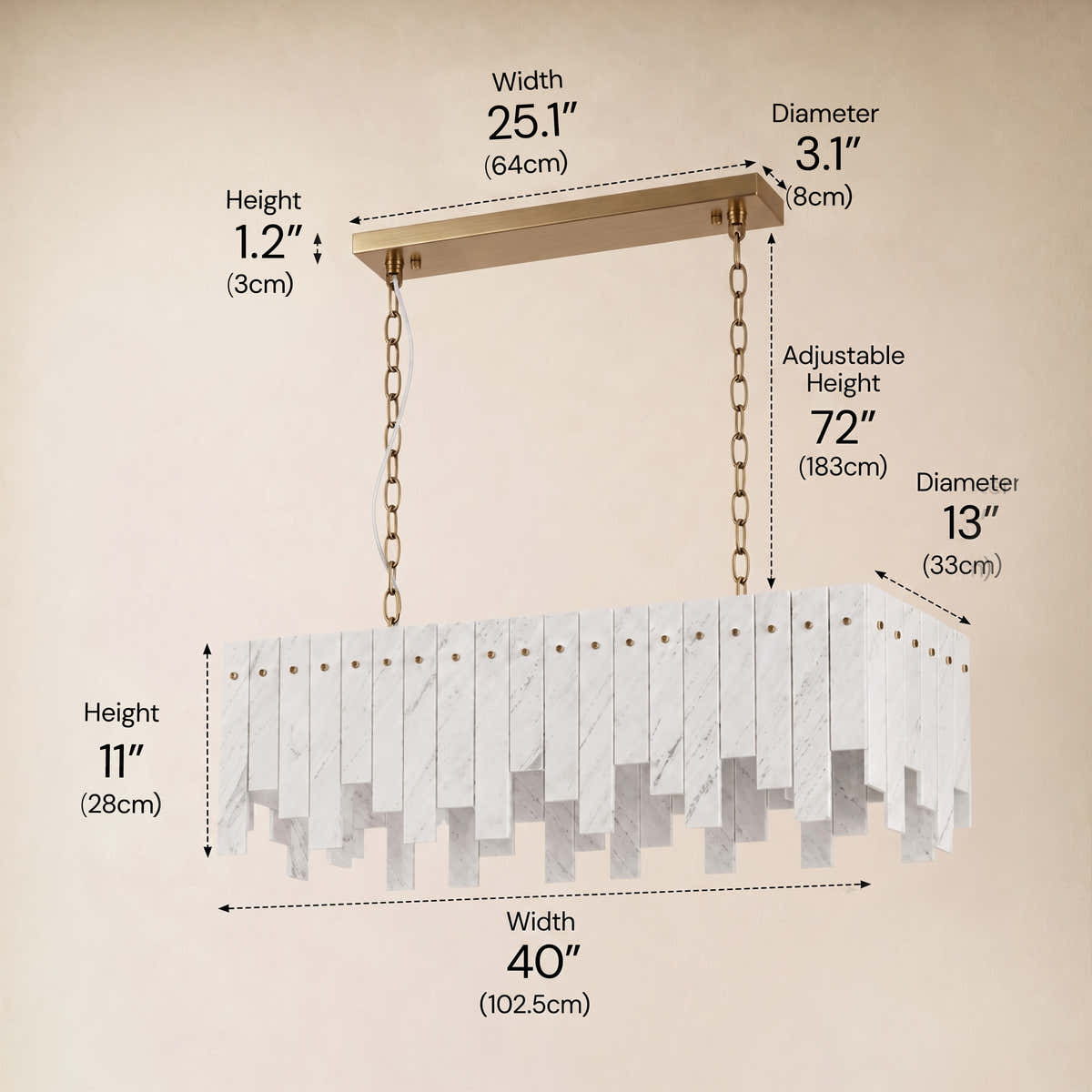 Pietra Porcelain White Marble Rectangular Chandelier 36" 40"W dimensions 5