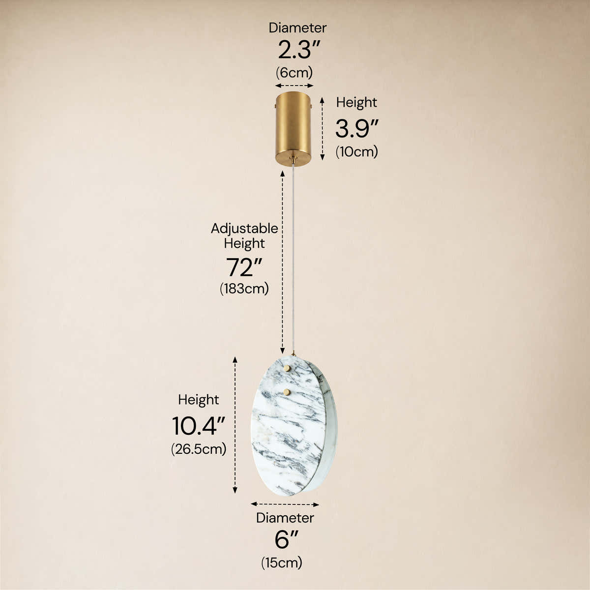 Pietra White Ink Marble Oval Pendant 10"H dimensions 1