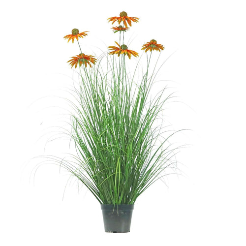 Artificial 6-Head Chrysanthemum with Curved Onion Grass Bonsai 14cm H