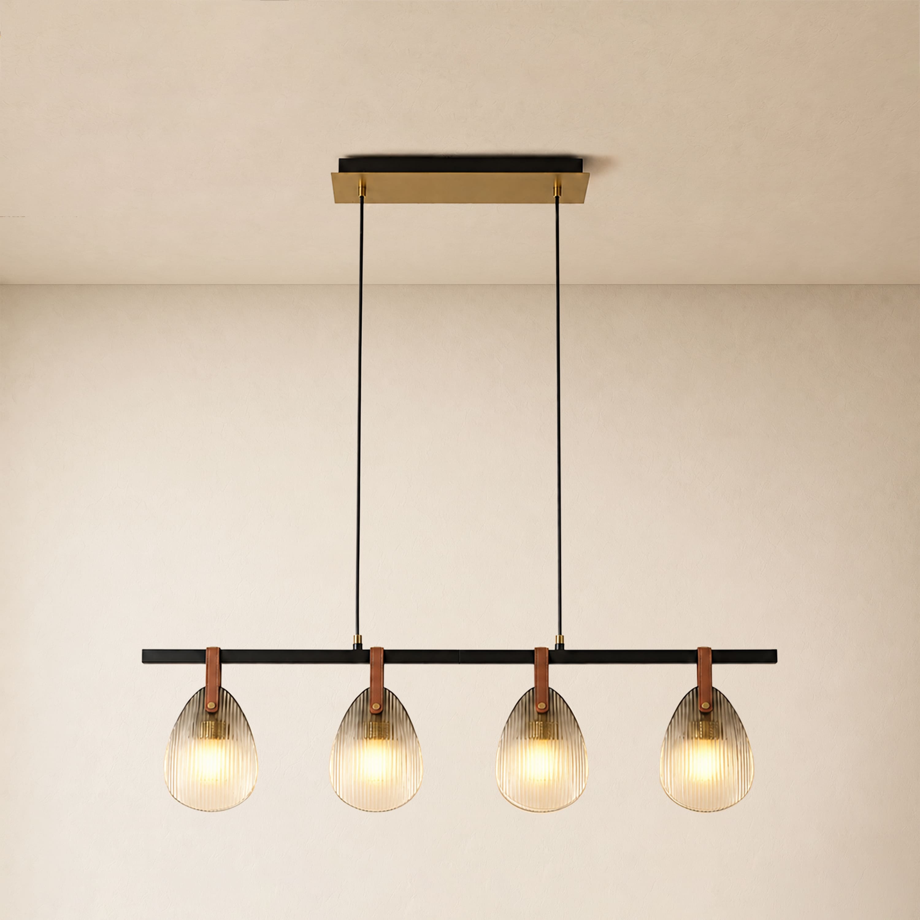 Veyra Shell Glass Leather Linear Chandelier 37"D#Finish_Black