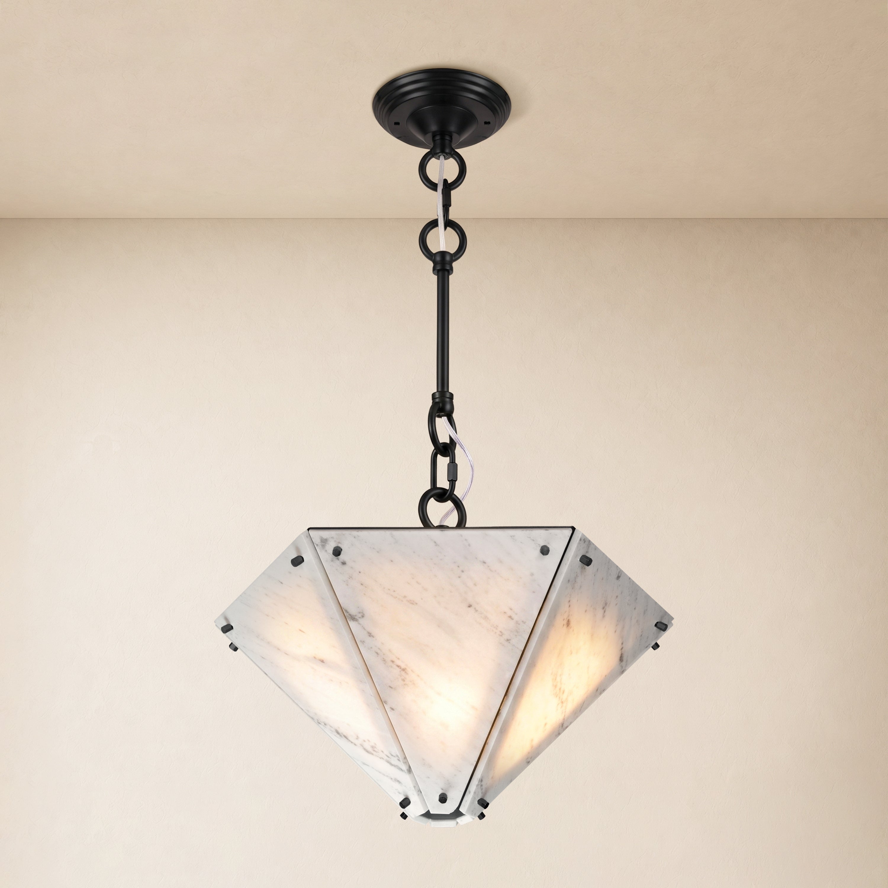 Pietra White Ink Marble Hexagonal Lantern Pendant 15.7"D