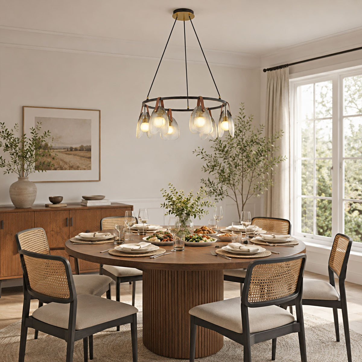 Veyra Shell Glass Leather Round Chandelier 27"D