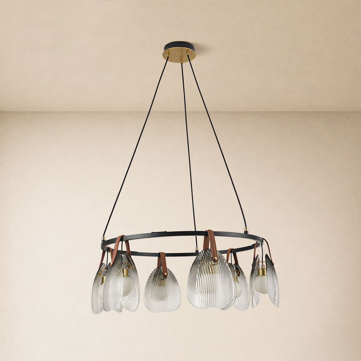 Veyra Shell Glass Leather Round Chandelier 27"D