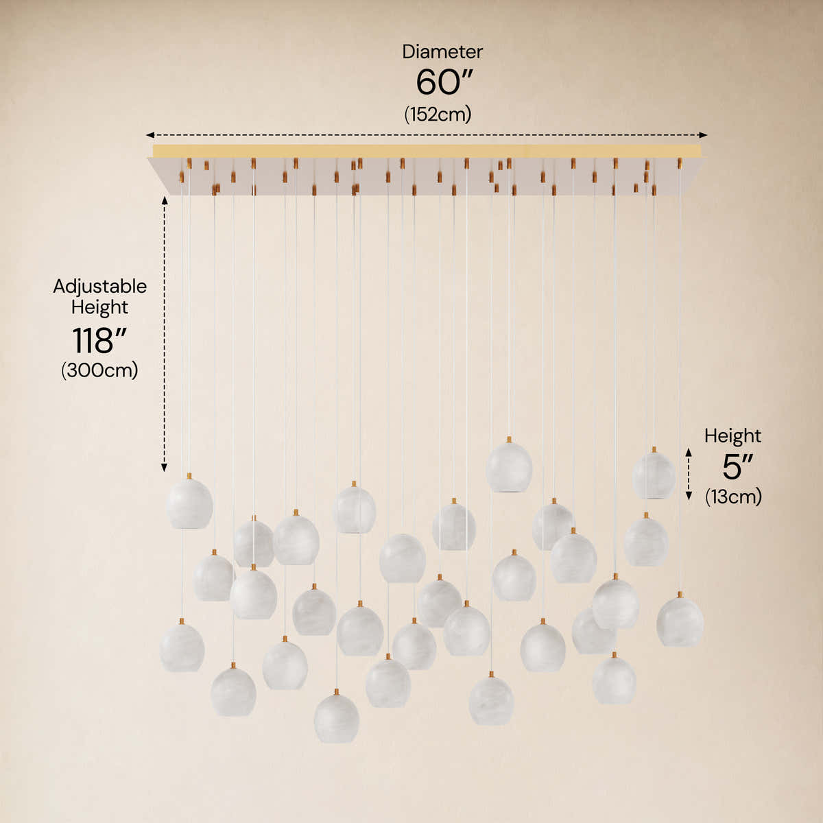 Quorvyn Resin Globe Linear Chandelier #Finish_Gold,Lights_30-Lights dimensions 7