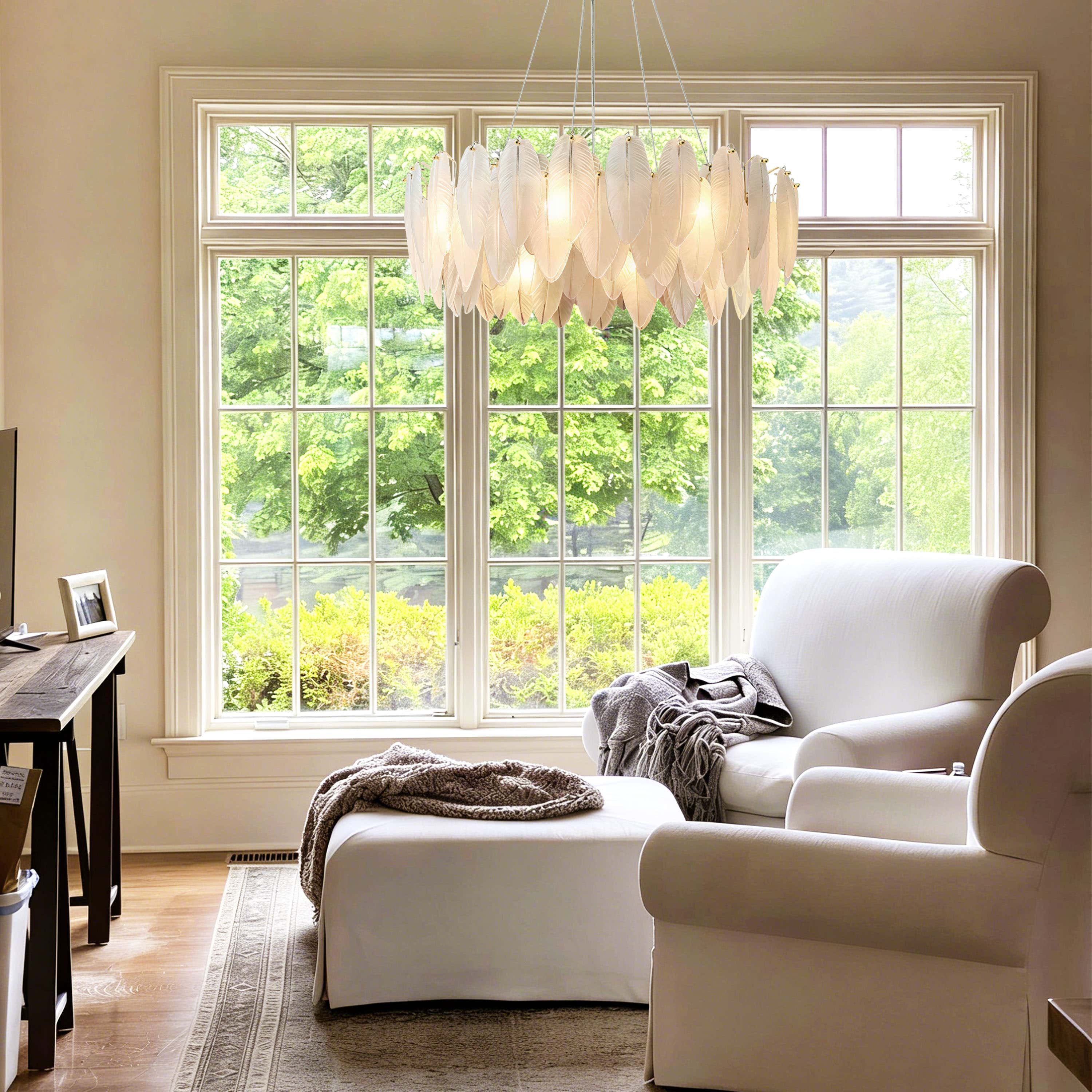 Avelis Glass Feather Round Chandelier 60cm D