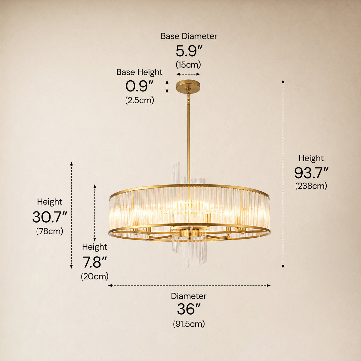 Virellune Glass Rod Round Chandelier 24" 36"D