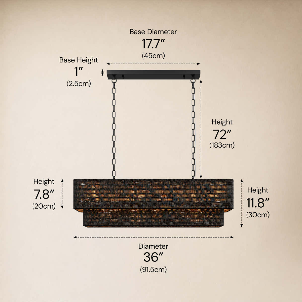 Cavana Rattan Tiered Rectangular Chandelier 36"W #Finish_Gold,Size_36",Color_Black dimensions 3