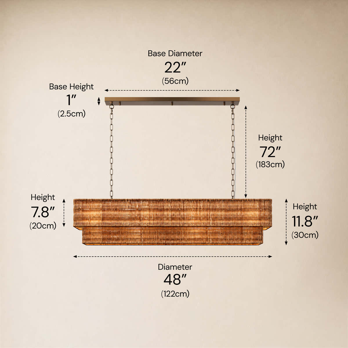 Cavana Rattan Double Tier Rectangular Chandelier 48"W #Size_48",Color_Natural dimensions 3