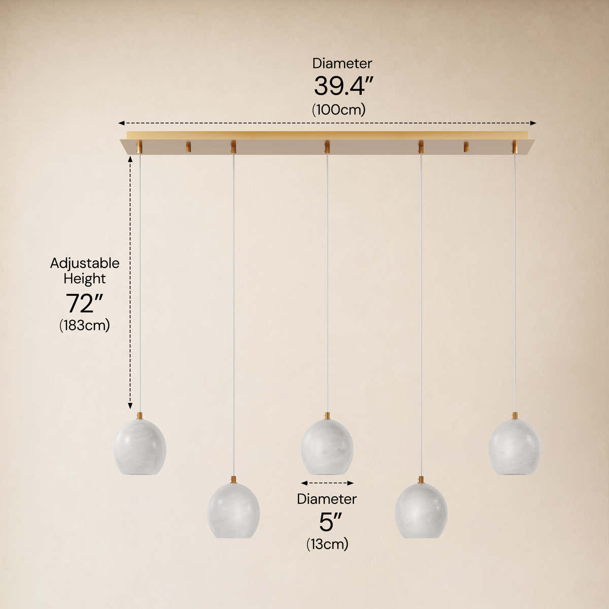 Quorvyn Resin Globe Linear Chandelier #Finish_Gold,Lights_5-Lights dimensions 2