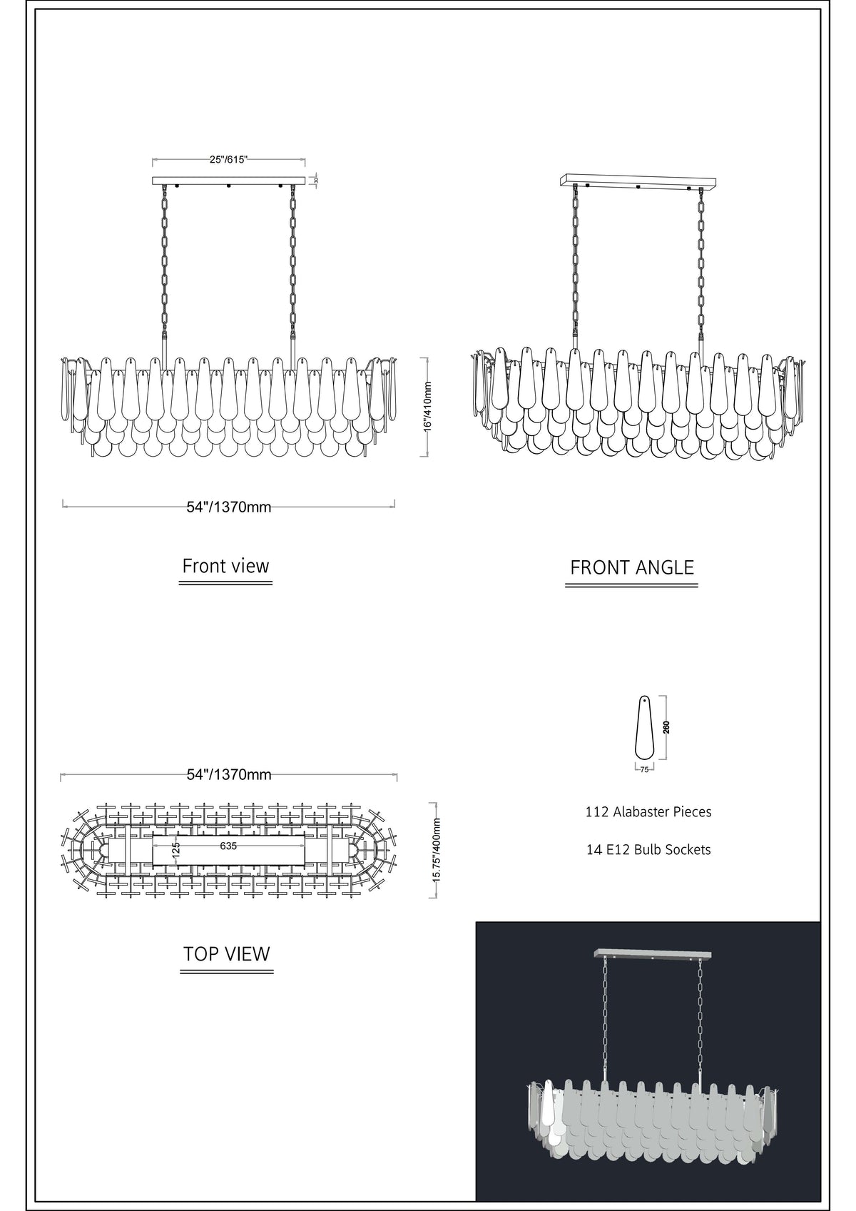 Caldera Alabaster Rectangular Custom Chandelier 54"W 72"W